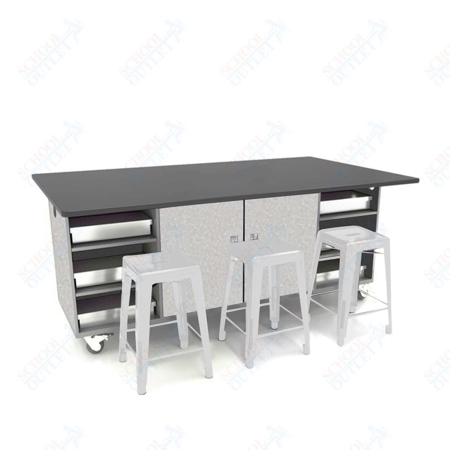 CEF ED Double Table 36"H Chemical Resistant Top, Laminate Base with  6 Stools, Storage bins, and Electrical Outlets Included.