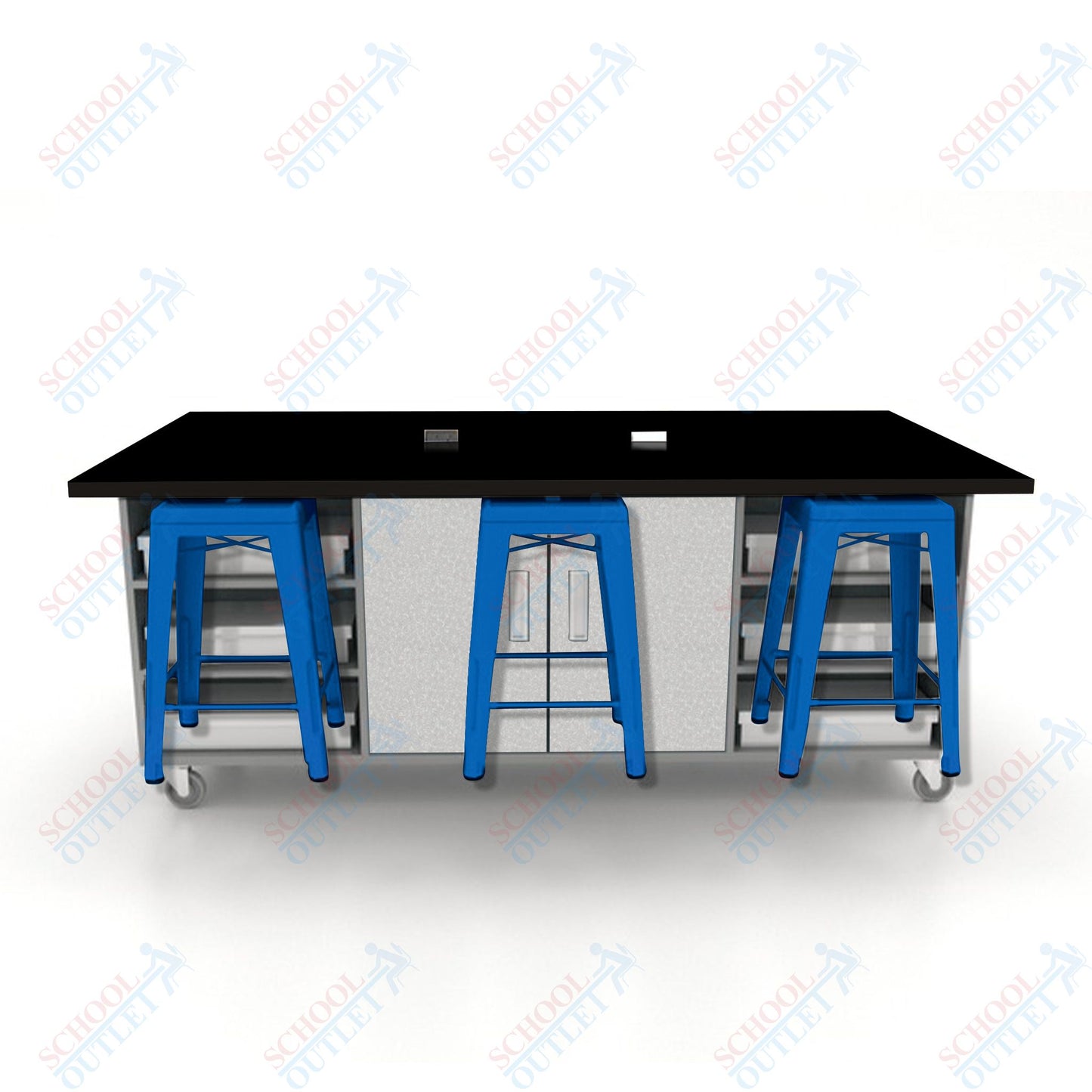 CEF ED Double Table 36"H High Pressure Laminate Top, Laminate Base with  6 Stools, Storage bins, and Electrical Outlets Included.