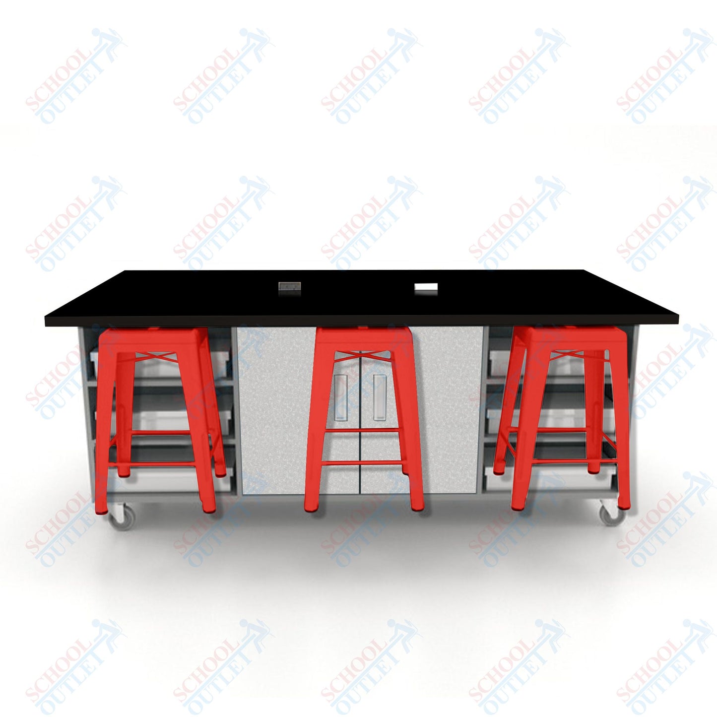 CEF ED Double Table 36"H High Pressure Laminate Top, Laminate Base with  6 Stools, Storage bins, and Electrical Outlets Included.