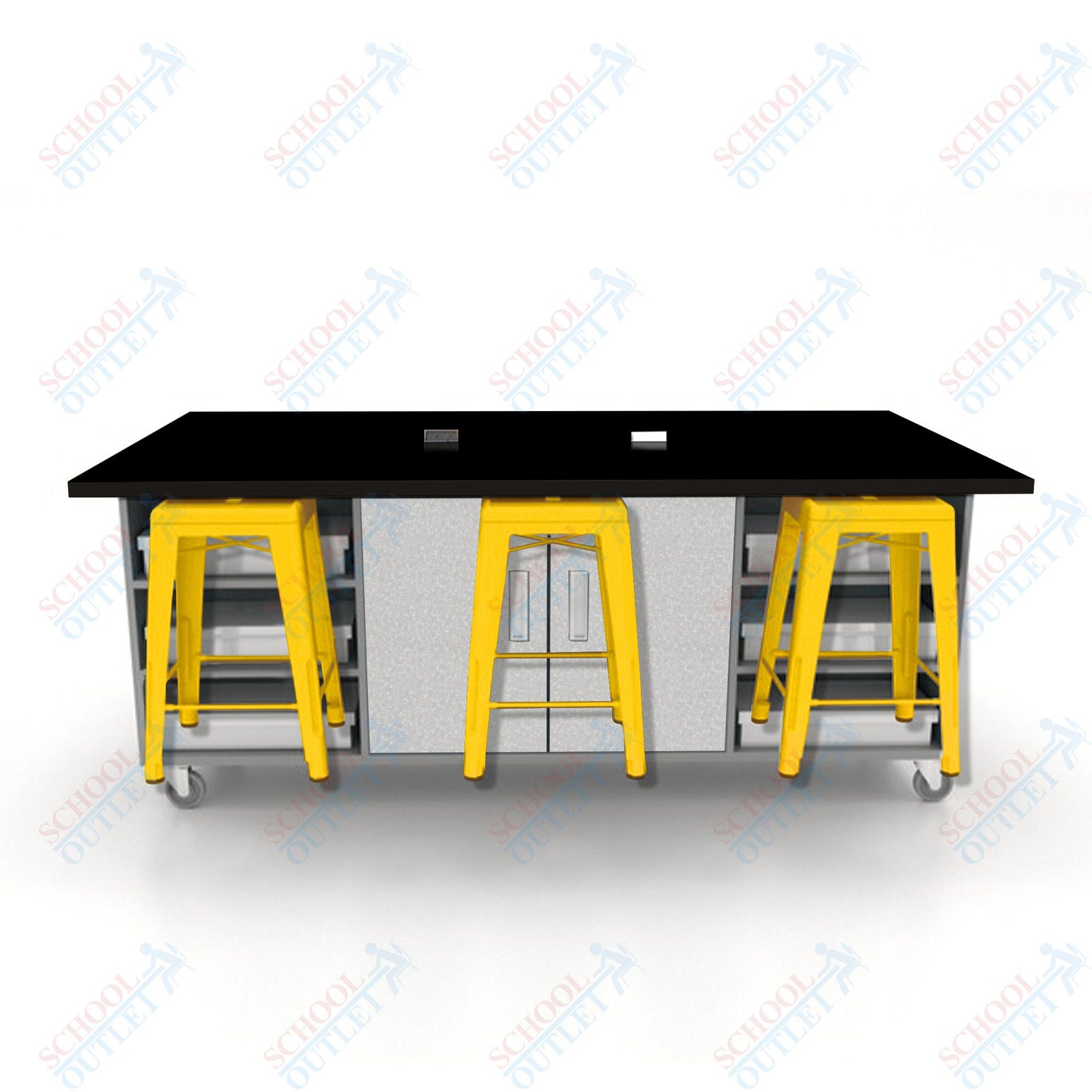 CEF ED Double Table 36"H High Pressure Laminate Top, Laminate Base with  6 Stools, Storage bins, and Electrical Outlets Included.