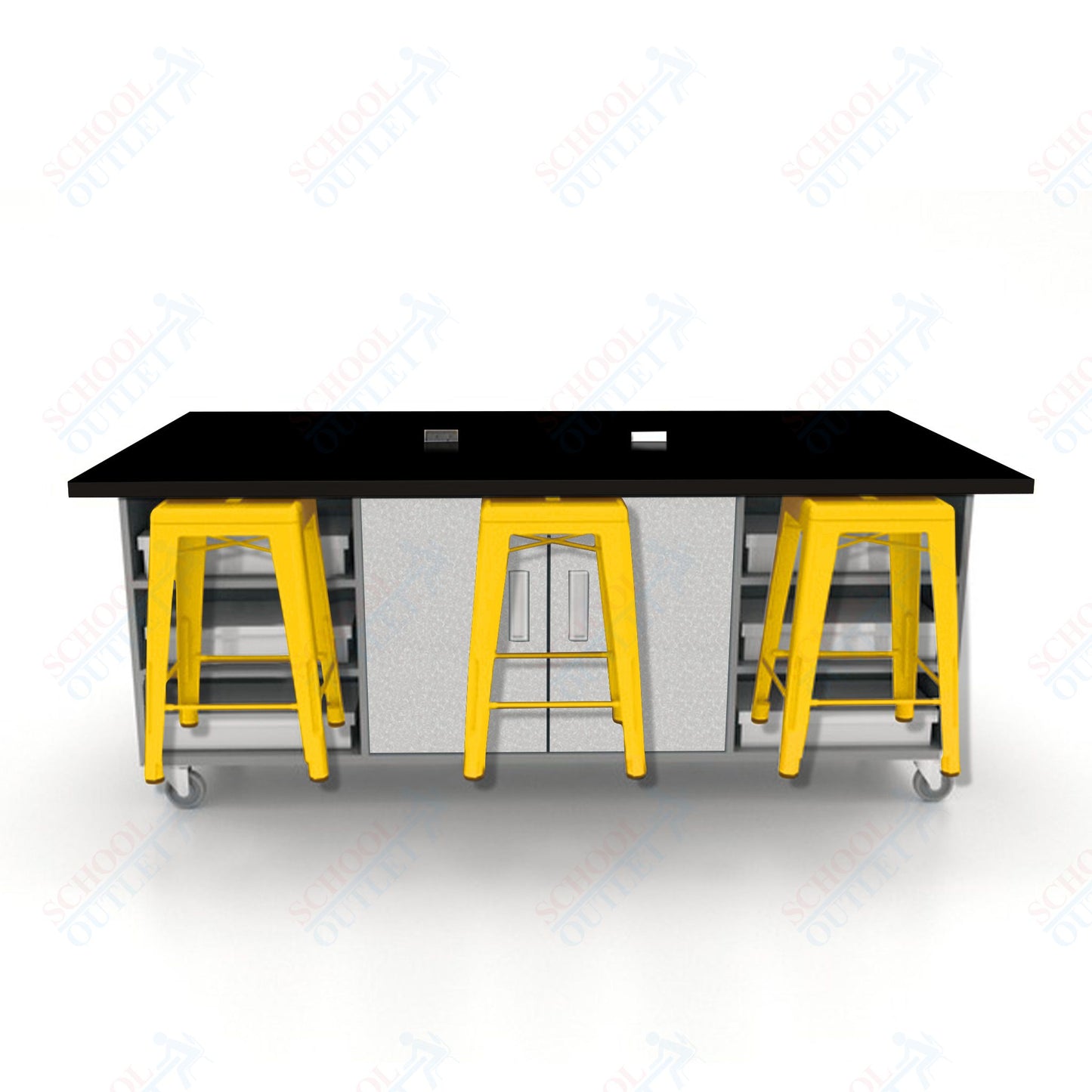 CEF ED Double Table 36"H High Pressure Laminate Top, Laminate Base with  6 Stools, Storage bins, and Electrical Outlets Included.