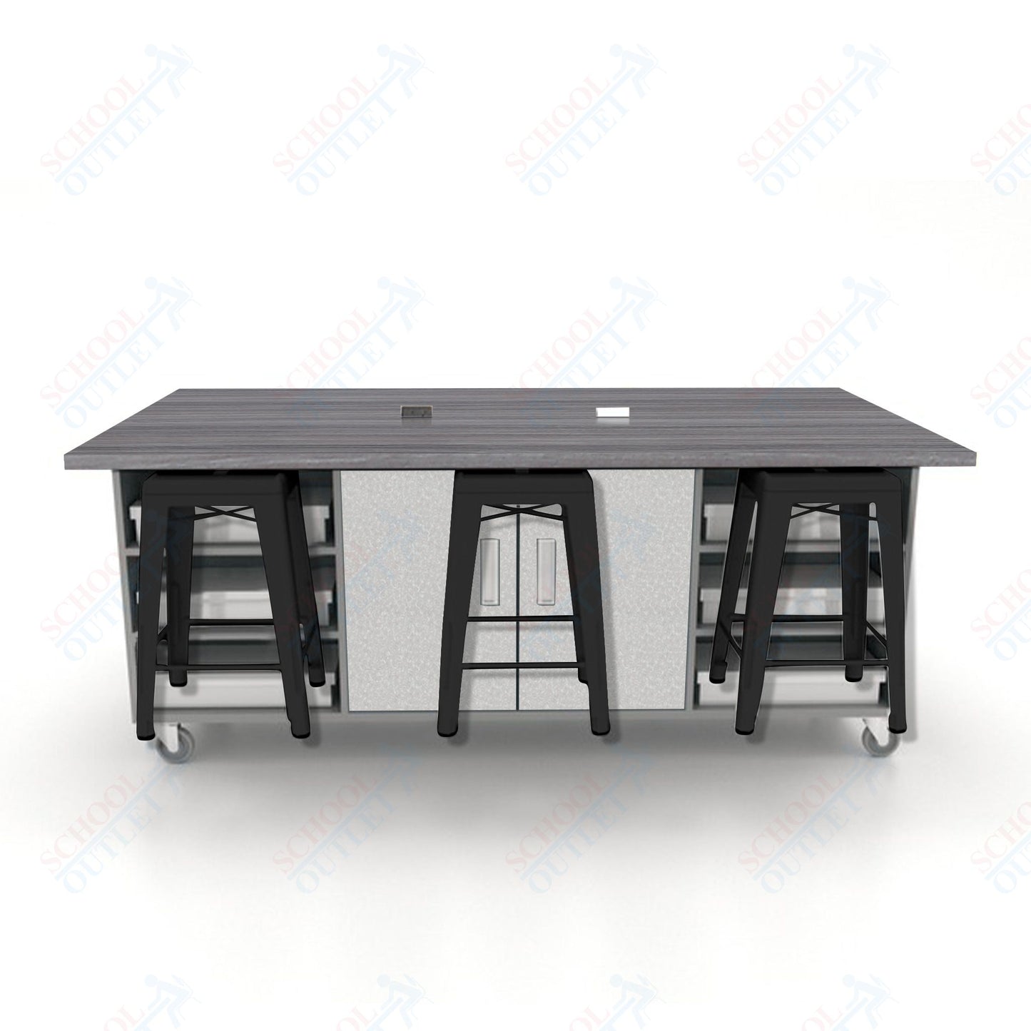 CEF ED Double Table 36"H High Pressure Laminate Top, Laminate Base with  6 Stools, Storage bins, and Electrical Outlets Included.