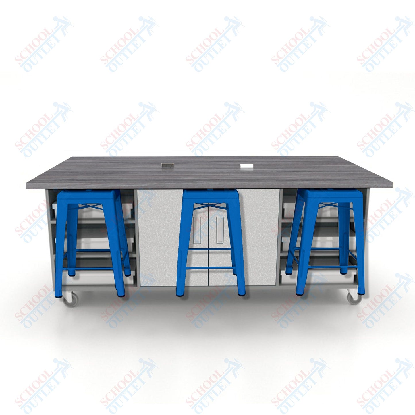 CEF ED Double Table 36"H High Pressure Laminate Top, Laminate Base with  6 Stools, Storage bins, and Electrical Outlets Included.