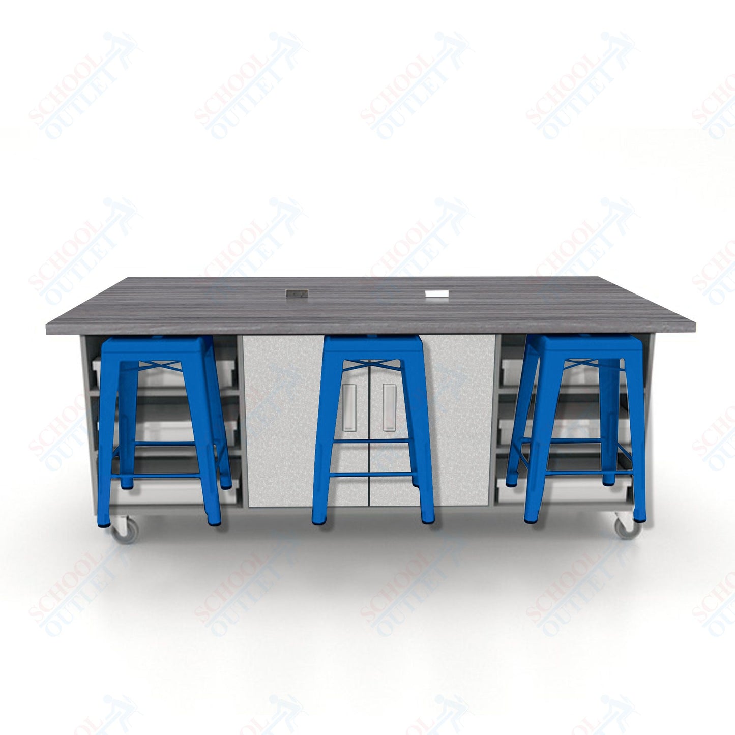 CEF ED Double Table 36"H High Pressure Laminate Top, Laminate Base with  6 Stools, Storage bins, and Electrical Outlets Included.