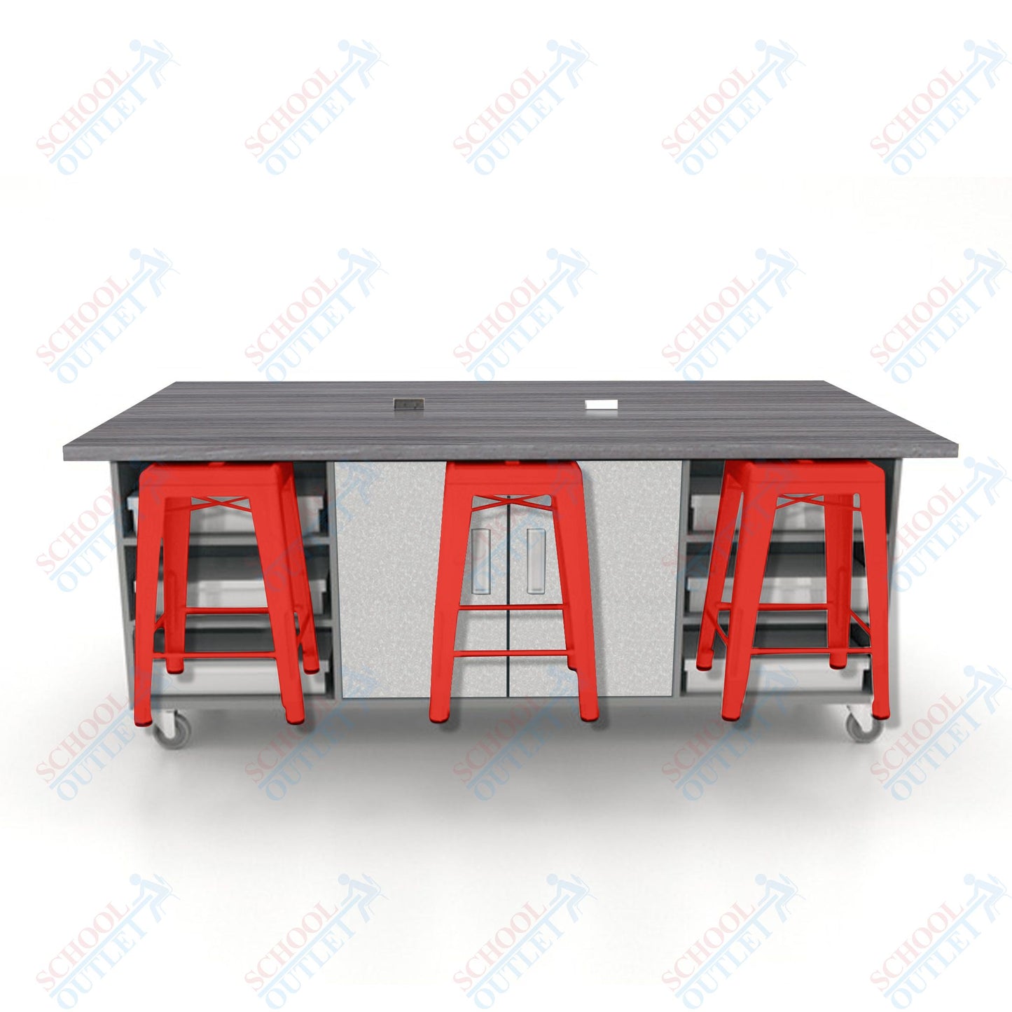 CEF ED Double Table 36"H High Pressure Laminate Top, Laminate Base with  6 Stools, Storage bins, and Electrical Outlets Included.