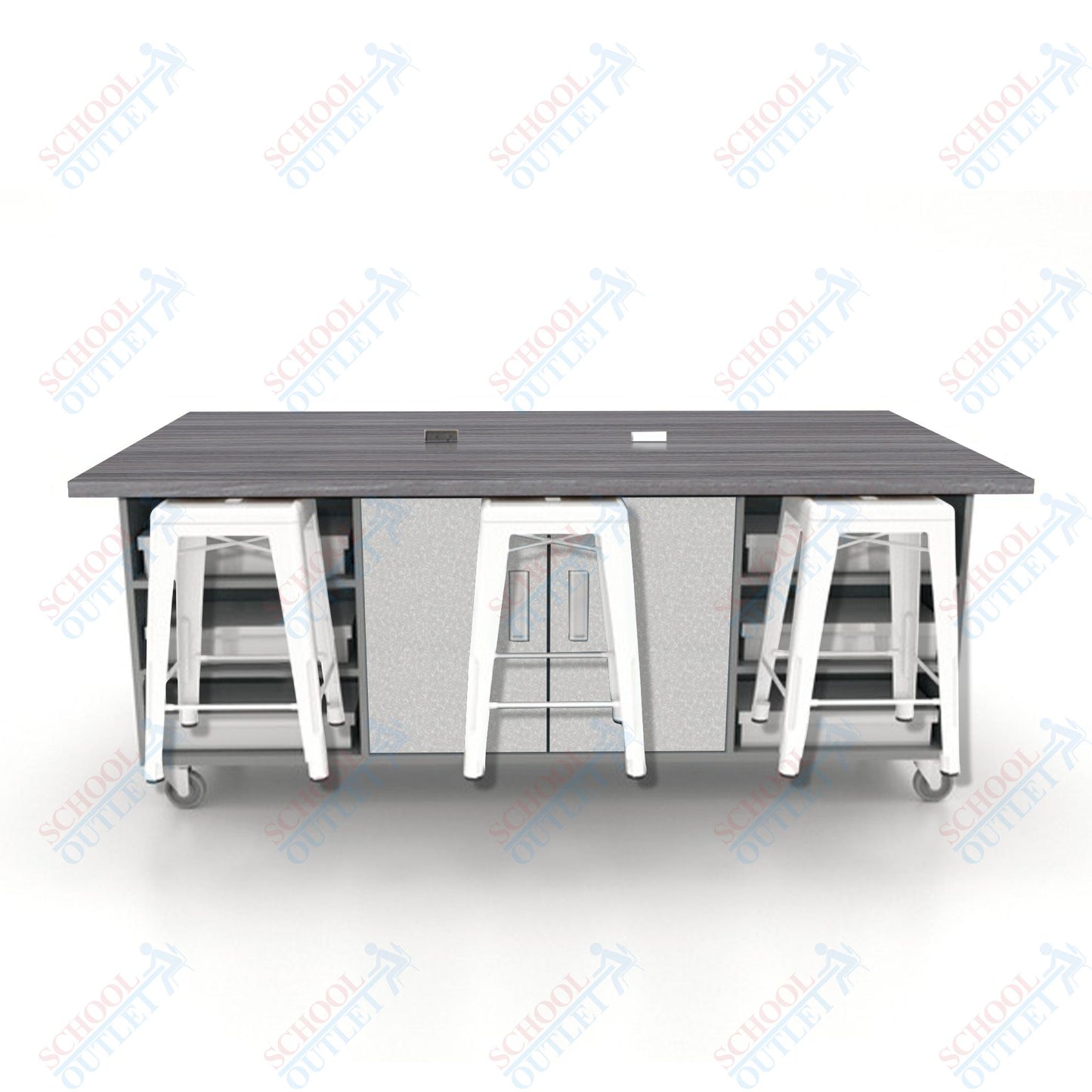 CEF ED Double Table 36"H High Pressure Laminate Top, Laminate Base with  6 Stools, Storage bins, and Electrical Outlets Included.