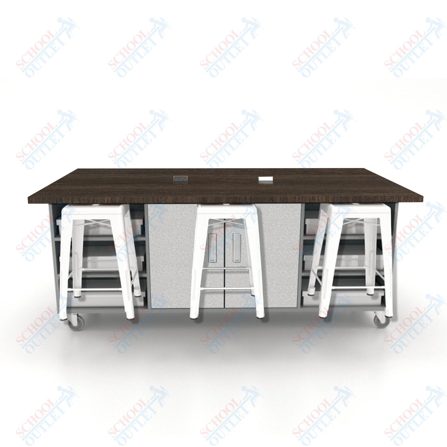 CEF ED Double Table 36"H High Pressure Laminate Top, Laminate Base with  6 Stools, Storage bins, and Electrical Outlets Included.