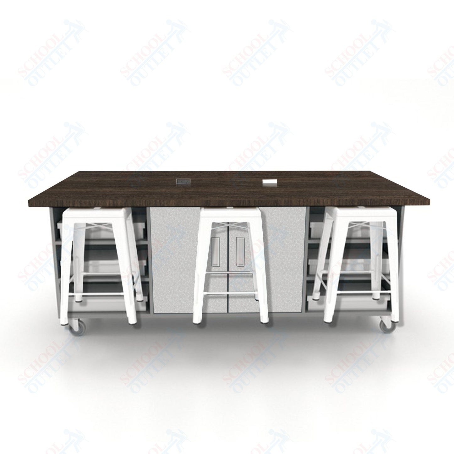 CEF ED Double Table 36"H High Pressure Laminate Top, Laminate Base with  6 Stools, Storage bins, and Electrical Outlets Included.