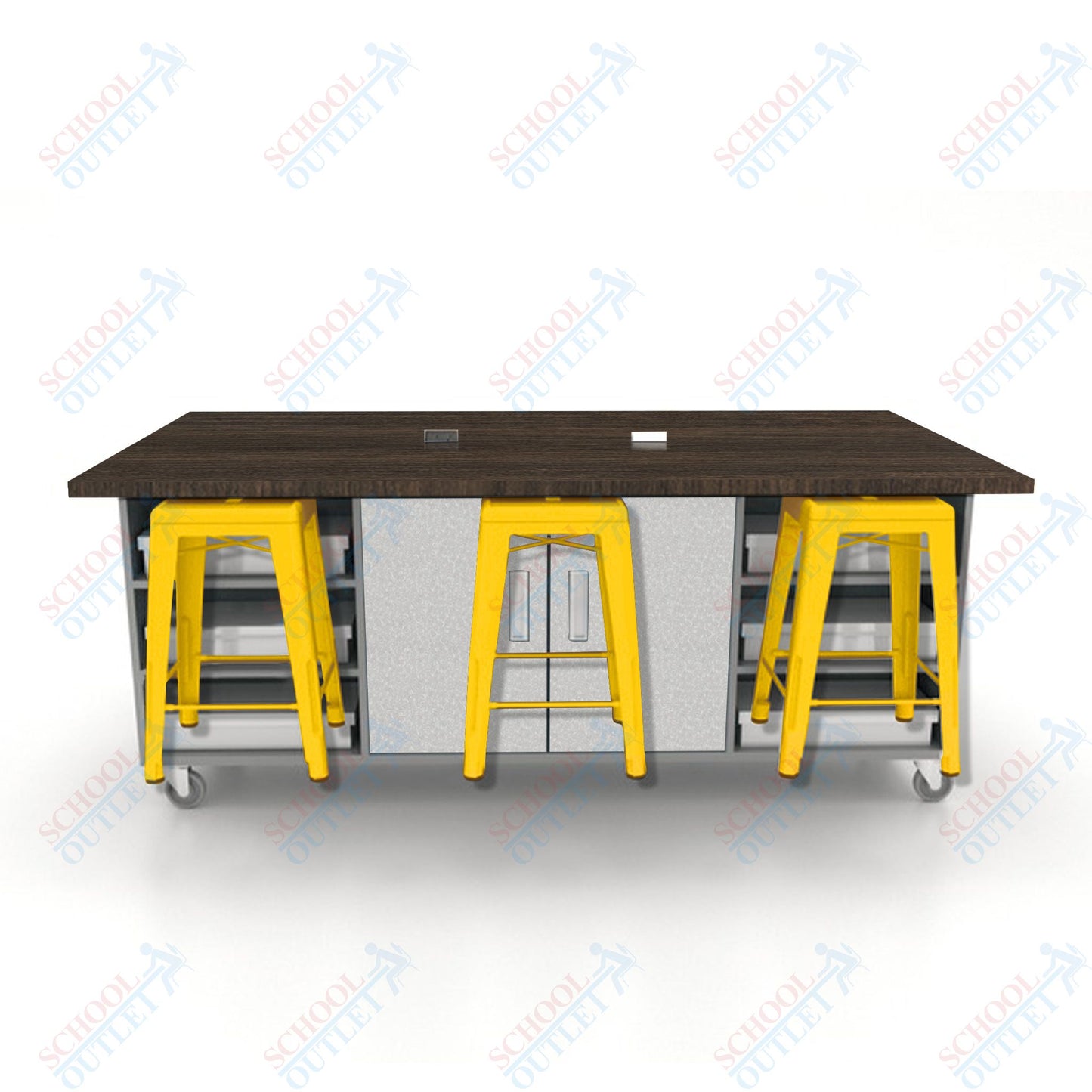 CEF ED Double Table 36"H High Pressure Laminate Top, Laminate Base with  6 Stools, Storage bins, and Electrical Outlets Included.