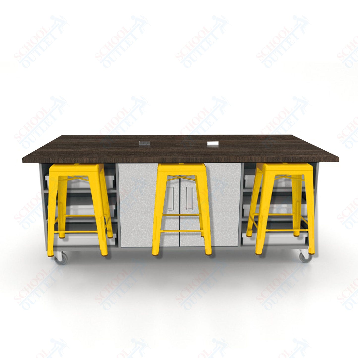 CEF ED Double Table 36"H High Pressure Laminate Top, Laminate Base with  6 Stools, Storage bins, and Electrical Outlets Included.
