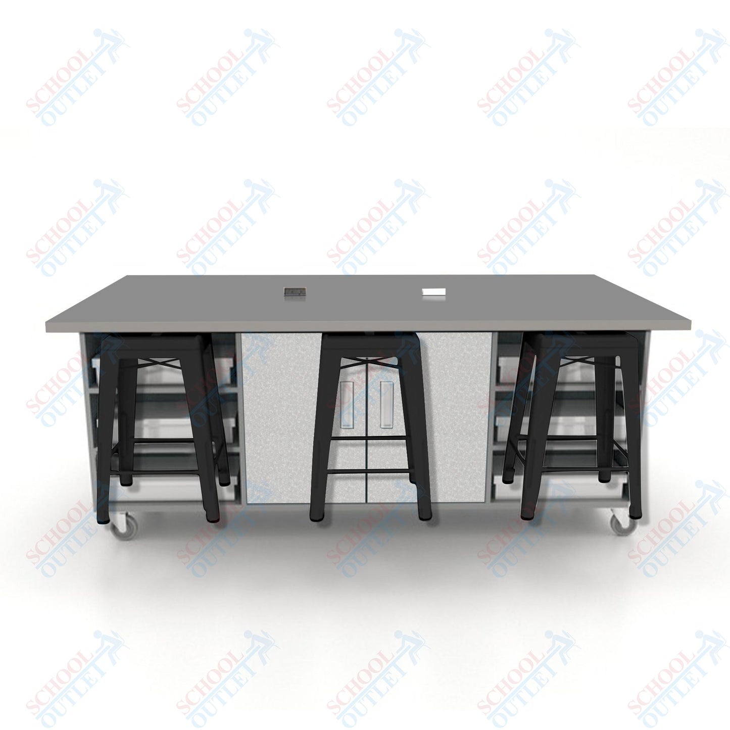 CEF ED Double Table 36"H High Pressure Laminate Top, Laminate Base with  6 Stools, Storage bins, and Electrical Outlets Included.