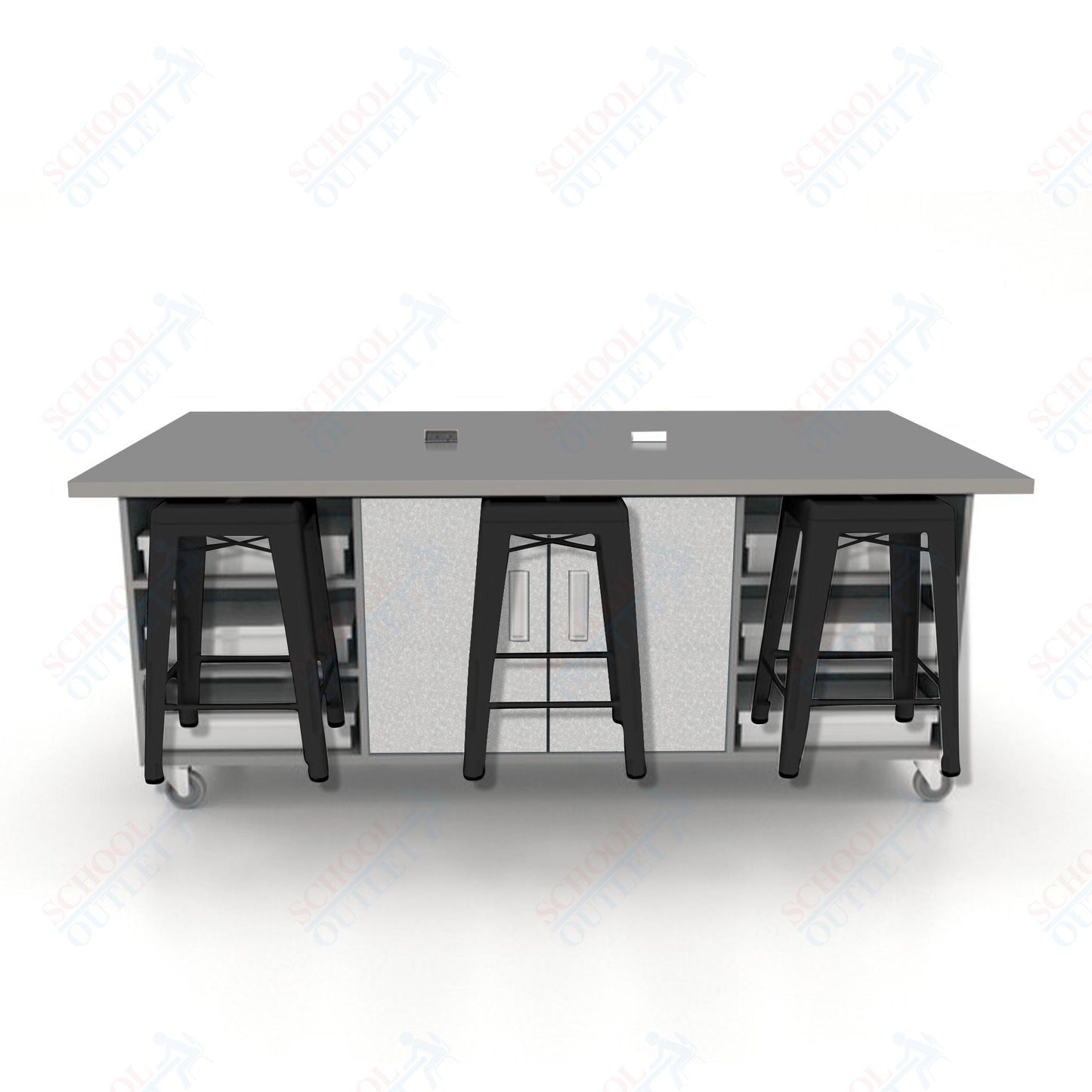 CEF ED Double Table 36"H High Pressure Laminate Top, Laminate Base with  6 Stools, Storage bins, and Electrical Outlets Included.