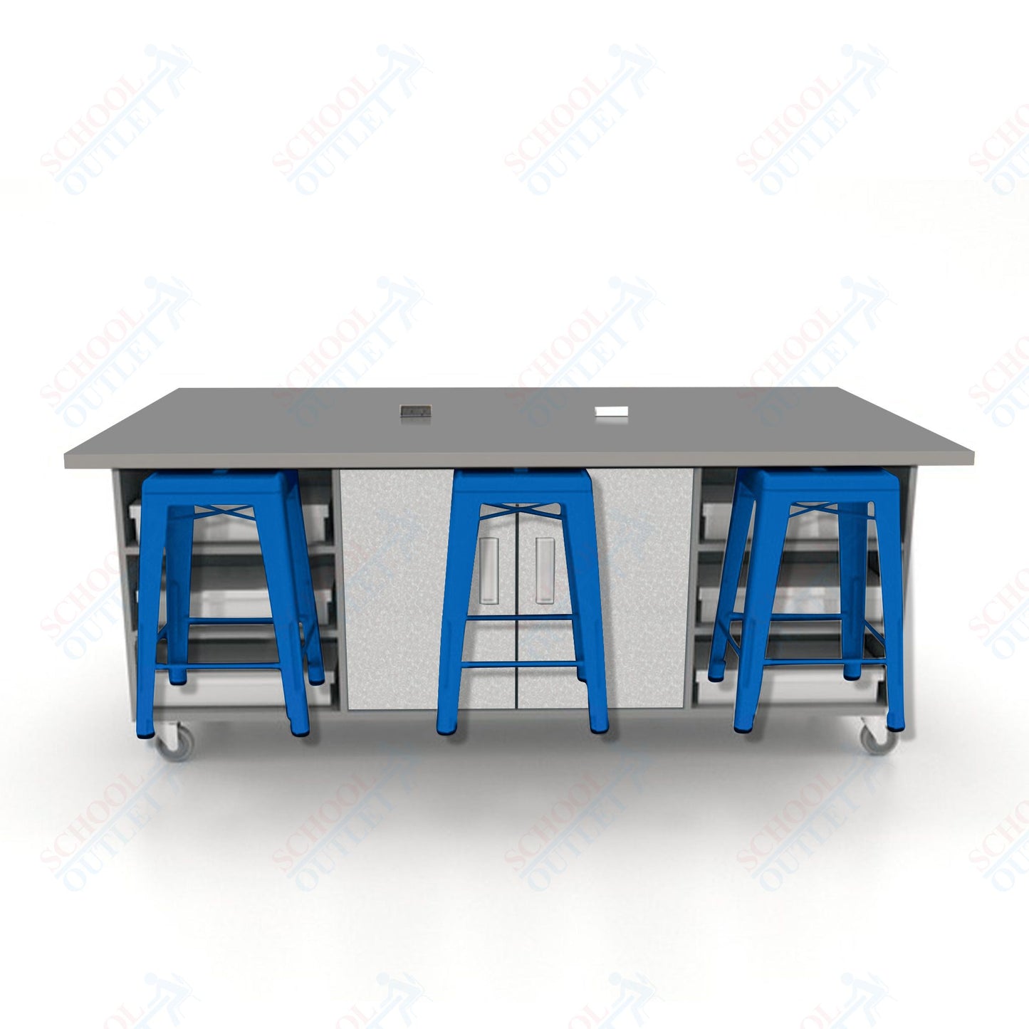 CEF ED Double Table 36"H High Pressure Laminate Top, Laminate Base with  6 Stools, Storage bins, and Electrical Outlets Included.