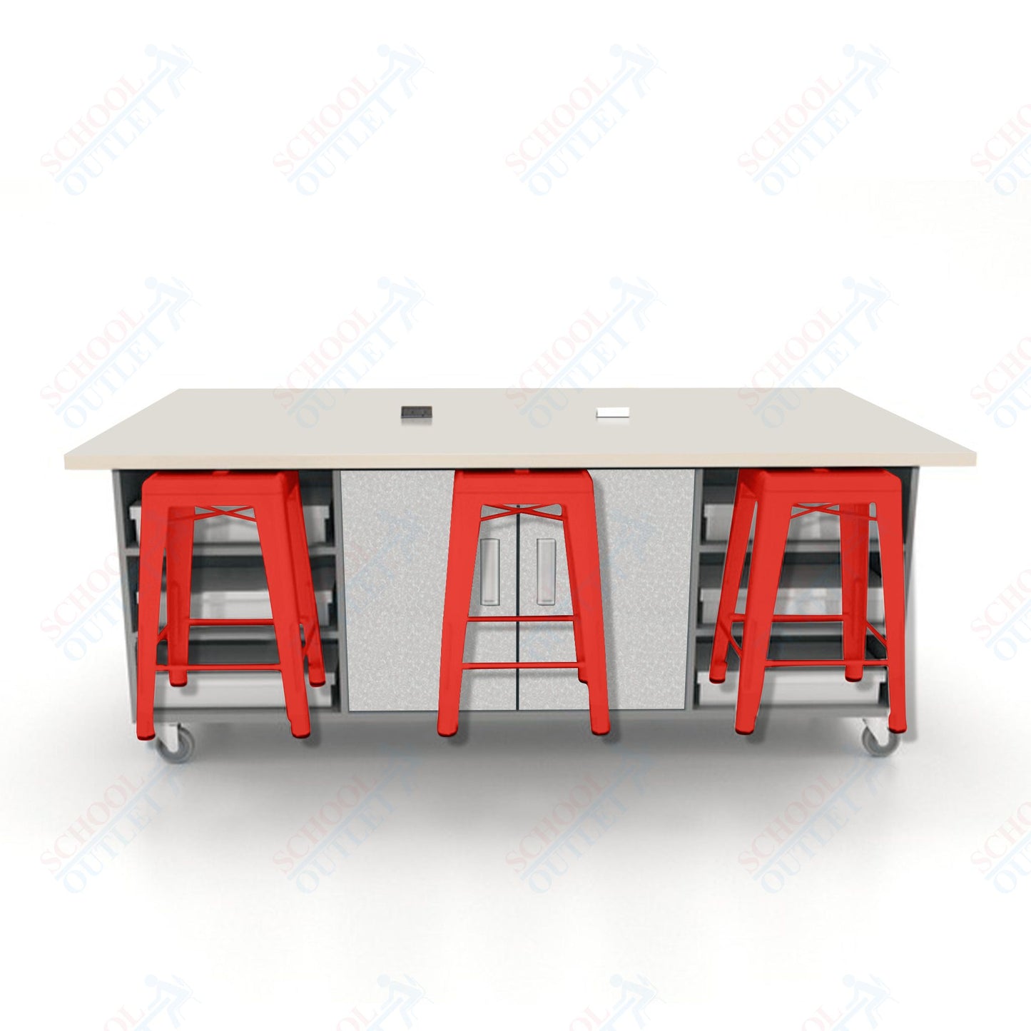 CEF ED Double Table 36"H High Pressure Laminate Top, Laminate Base with  6 Stools, Storage bins, and Electrical Outlets Included.