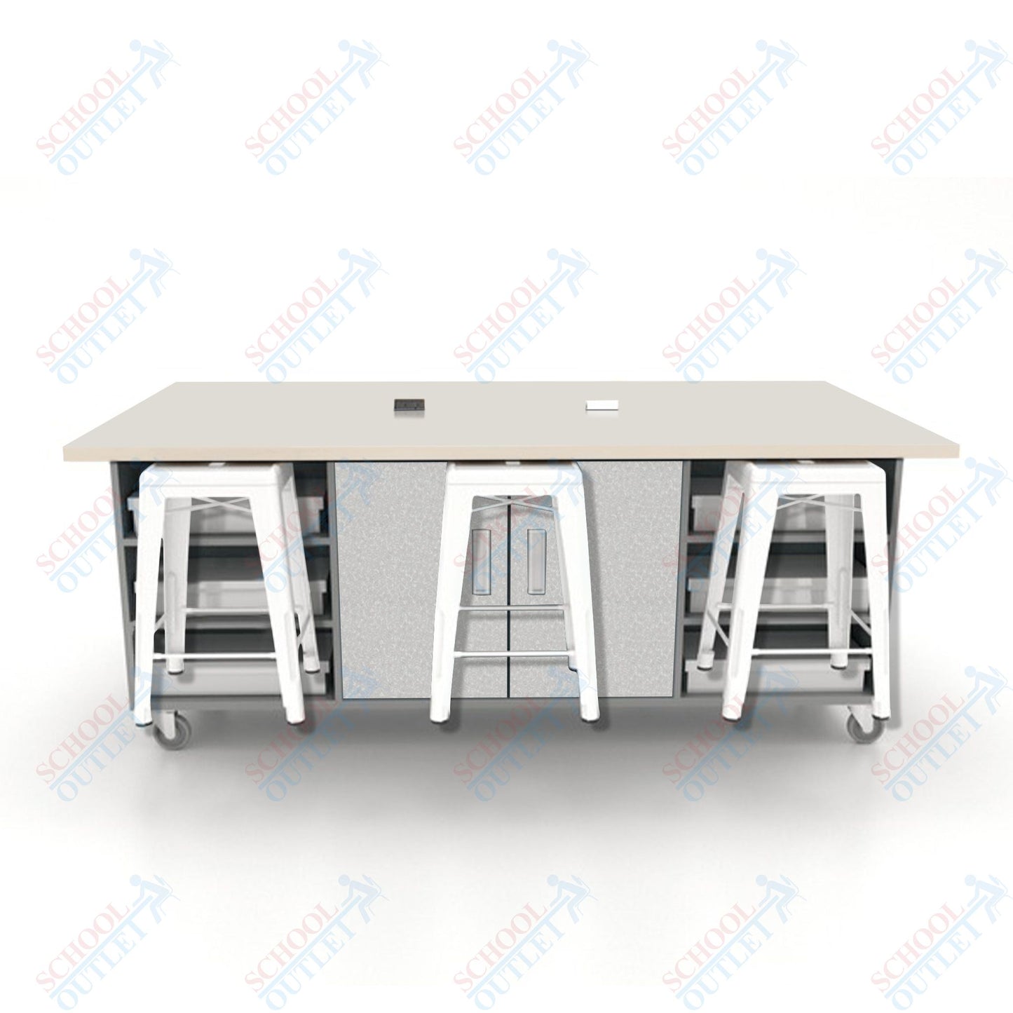 CEF ED Double Table 36"H High Pressure Laminate Top, Laminate Base with  6 Stools, Storage bins, and Electrical Outlets Included.