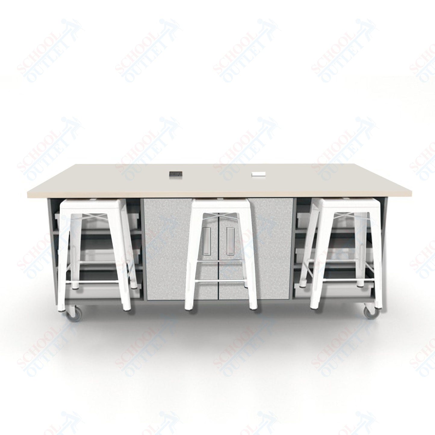 CEF ED Double Table 36"H High Pressure Laminate Top, Laminate Base with  6 Stools, Storage bins, and Electrical Outlets Included.