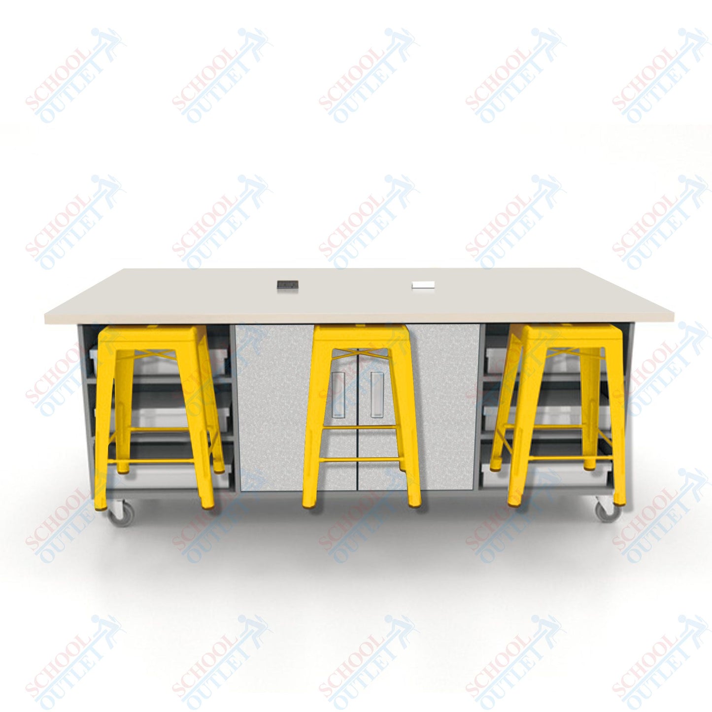 CEF ED Double Table 36"H High Pressure Laminate Top, Laminate Base with  6 Stools, Storage bins, and Electrical Outlets Included.