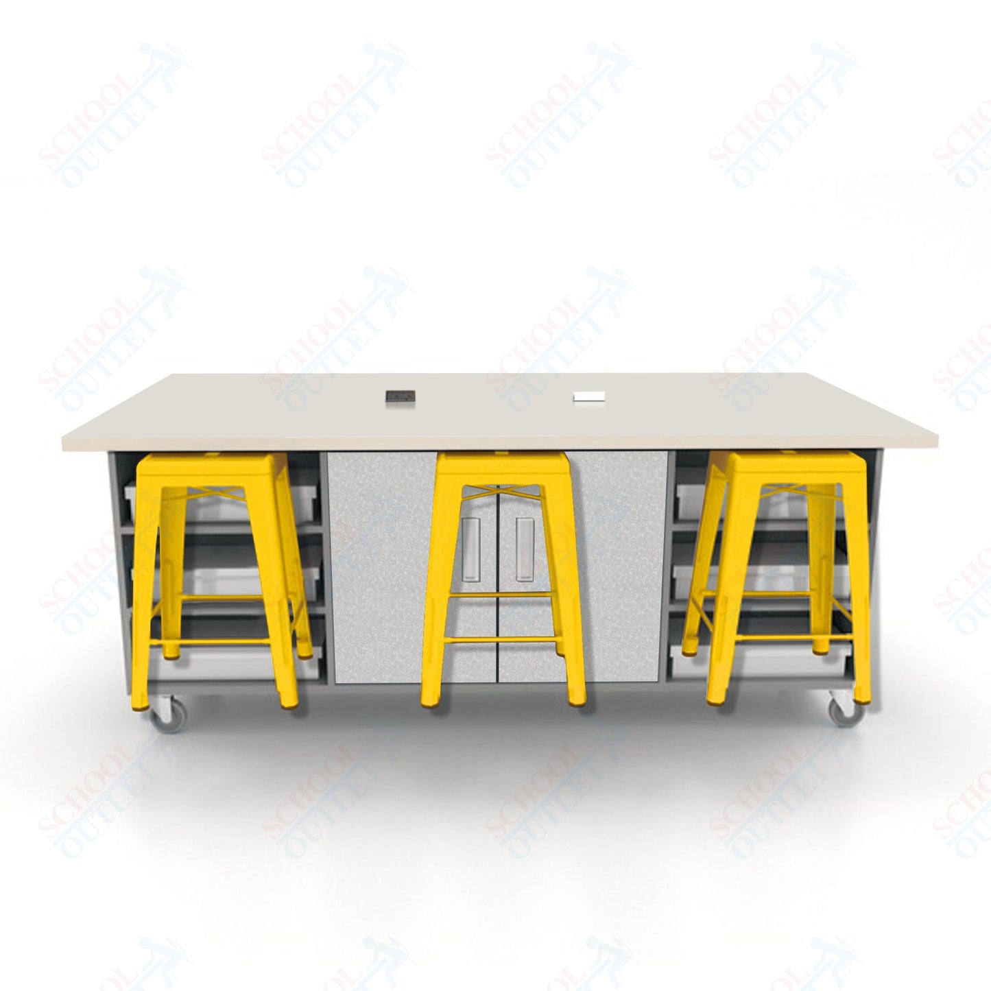 CEF ED Double Table 36"H High Pressure Laminate Top, Laminate Base with  6 Stools, Storage bins, and Electrical Outlets Included.
