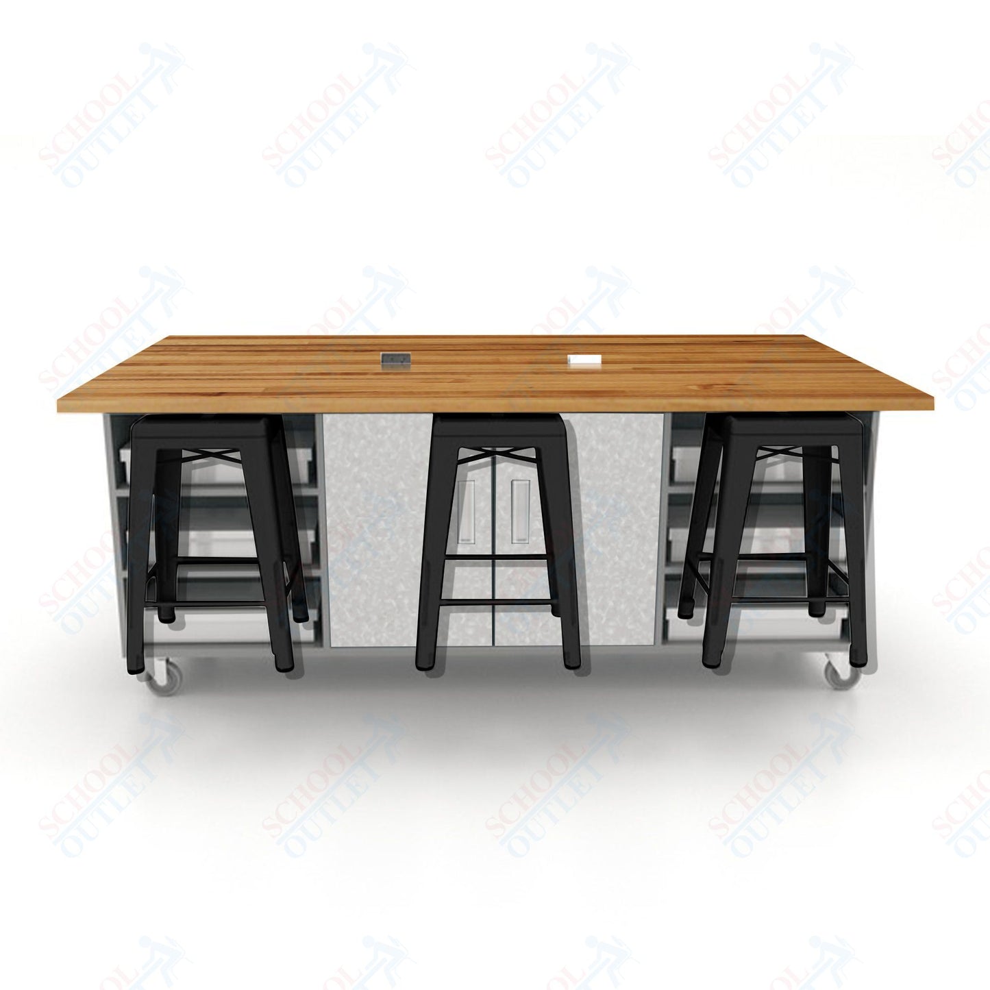 CEF ED Double Table 36"H Butcher Block Top, Laminate Base with  6 Stools, Storage bins, and Electrical Outlets Included.