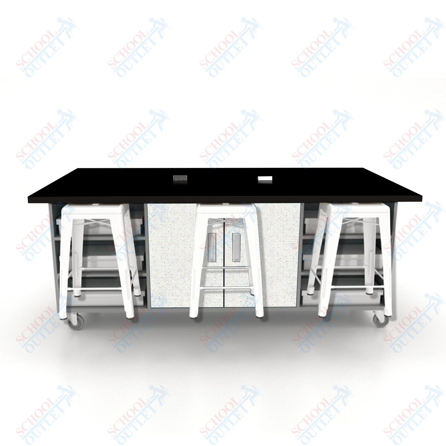 CEF ED Double Table 36"H High Pressure Laminate Top, Laminate Base with  6 Stools, Storage bins, and Electrical Outlets Included.
