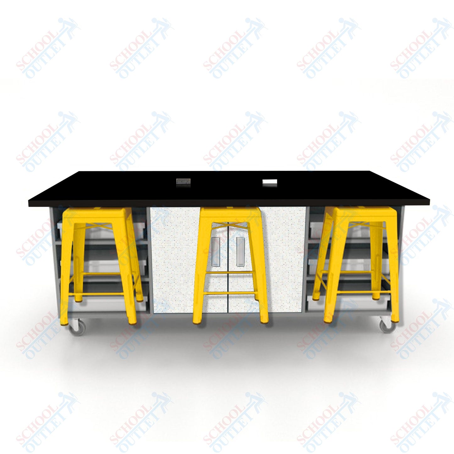 CEF ED Double Table 36"H High Pressure Laminate Top, Laminate Base with  6 Stools, Storage bins, and Electrical Outlets Included.