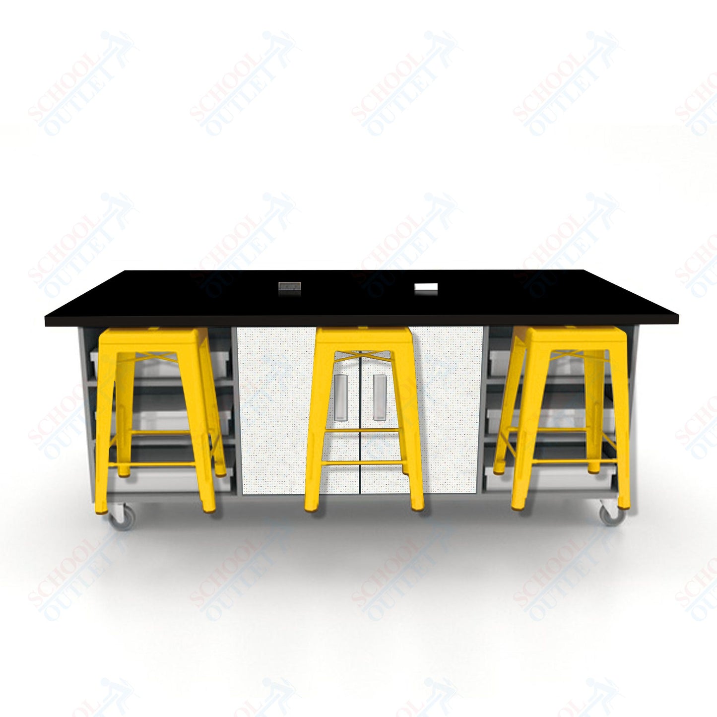 CEF ED Double Table 36"H High Pressure Laminate Top, Laminate Base with  6 Stools, Storage bins, and Electrical Outlets Included.