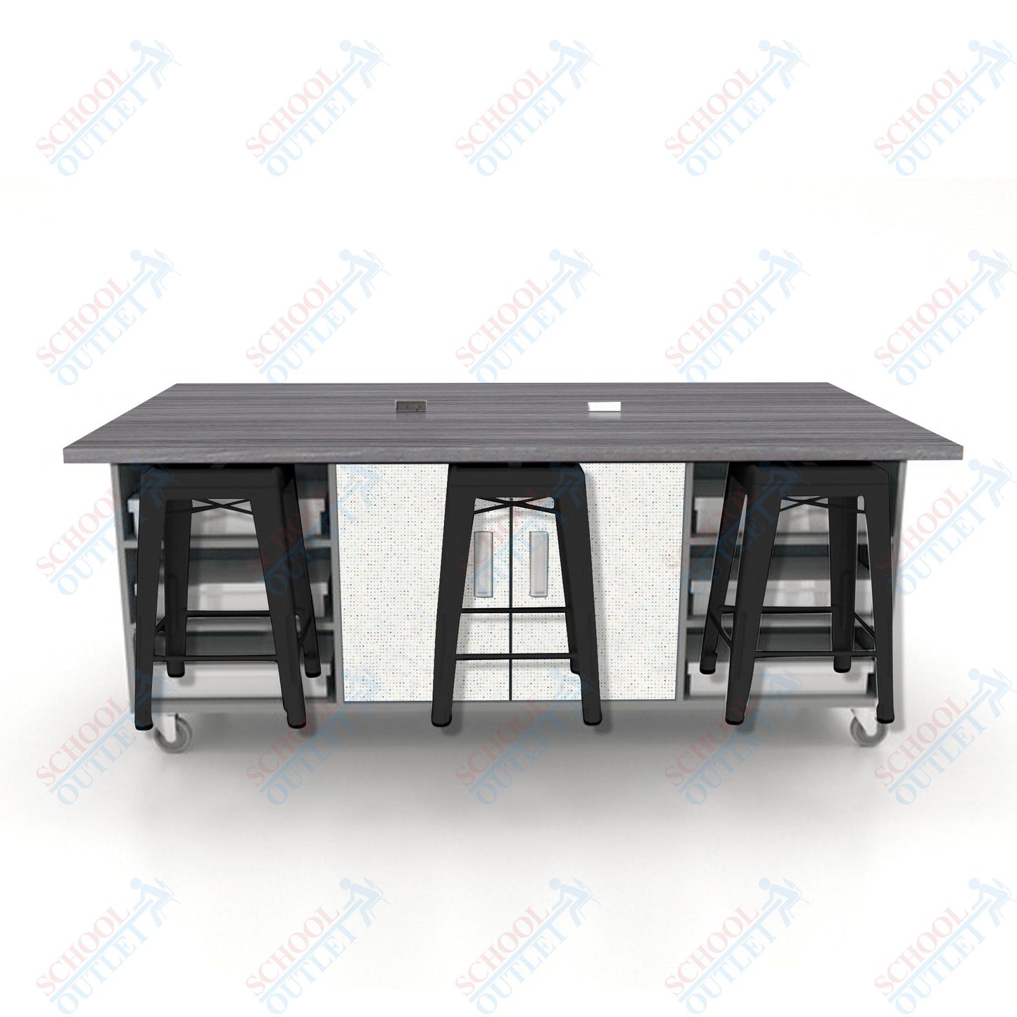 CEF ED Double Table 36"H High Pressure Laminate Top, Laminate Base with  6 Stools, Storage bins, and Electrical Outlets Included.