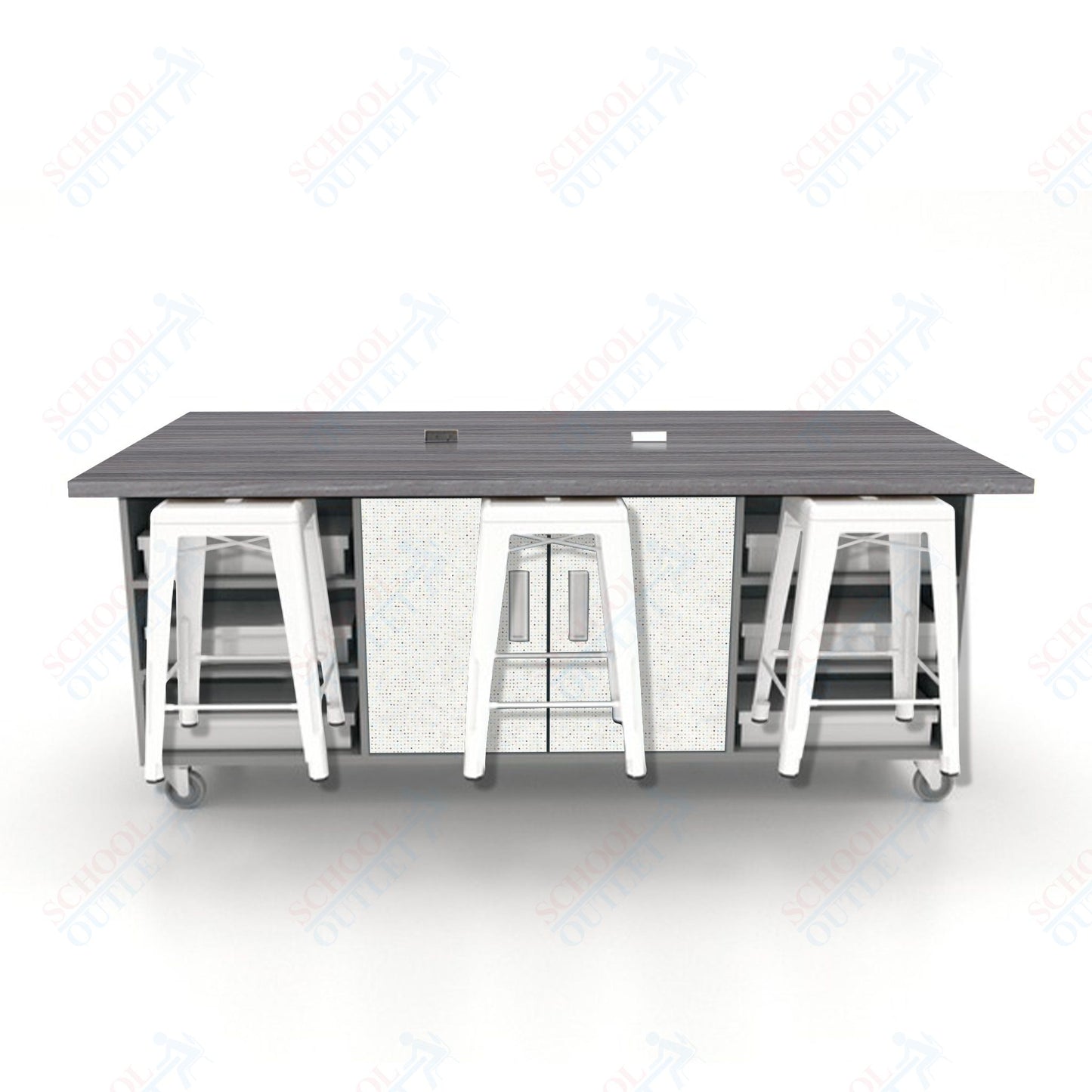 CEF ED Double Table 36"H High Pressure Laminate Top, Laminate Base with  6 Stools, Storage bins, and Electrical Outlets Included.