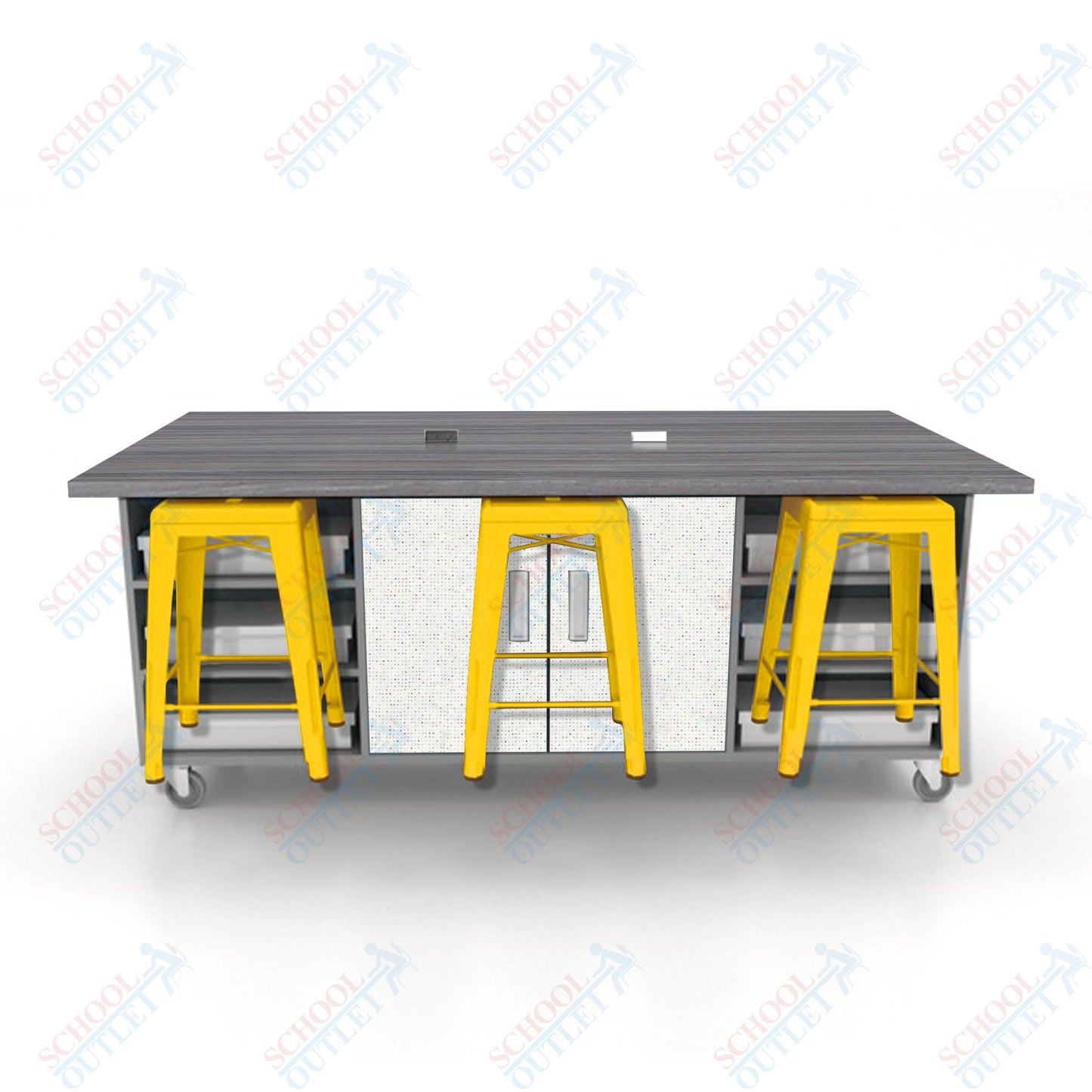 CEF ED Double Table 36"H High Pressure Laminate Top, Laminate Base with  6 Stools, Storage bins, and Electrical Outlets Included.