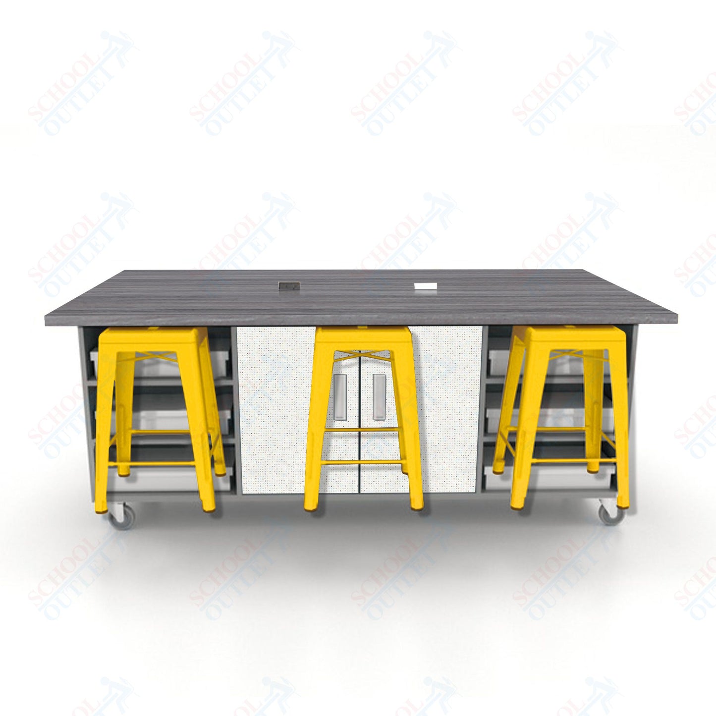 CEF ED Double Table 36"H High Pressure Laminate Top, Laminate Base with  6 Stools, Storage bins, and Electrical Outlets Included.