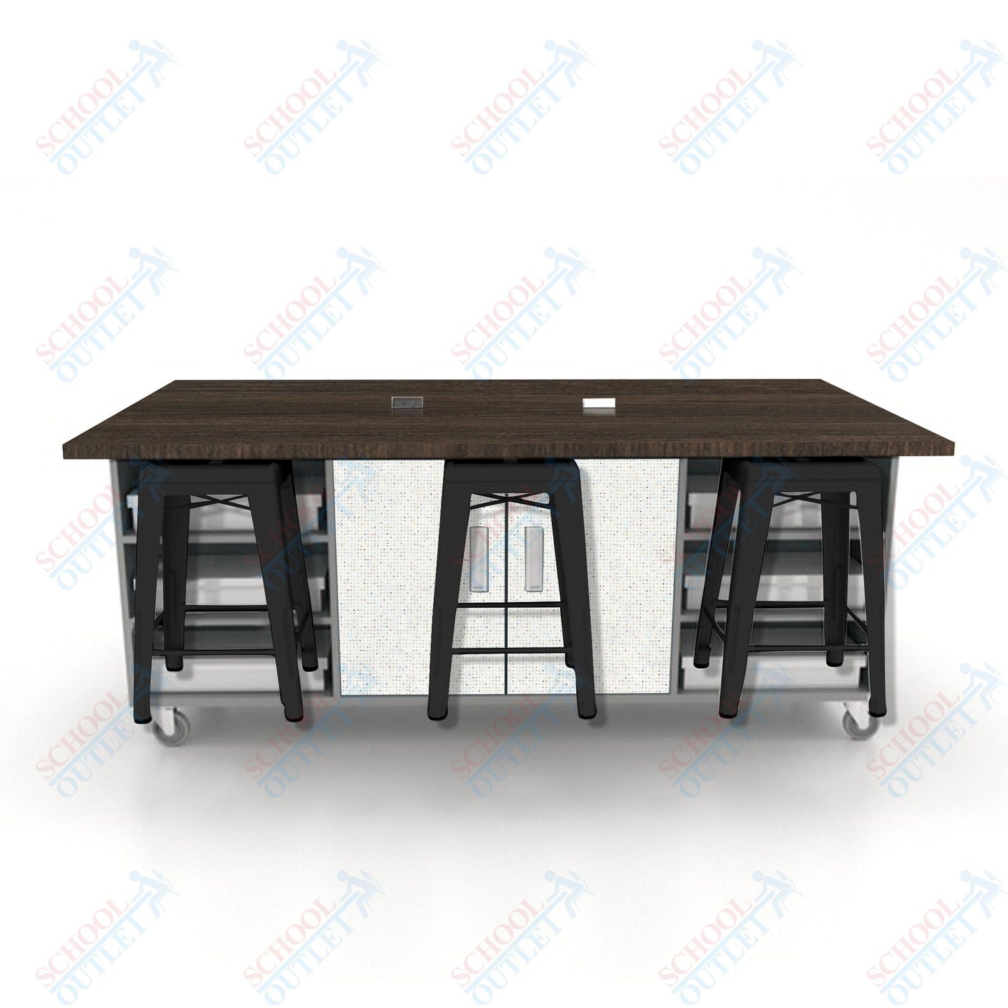 CEF ED Double Table 36"H High Pressure Laminate Top, Laminate Base with  6 Stools, Storage bins, and Electrical Outlets Included.