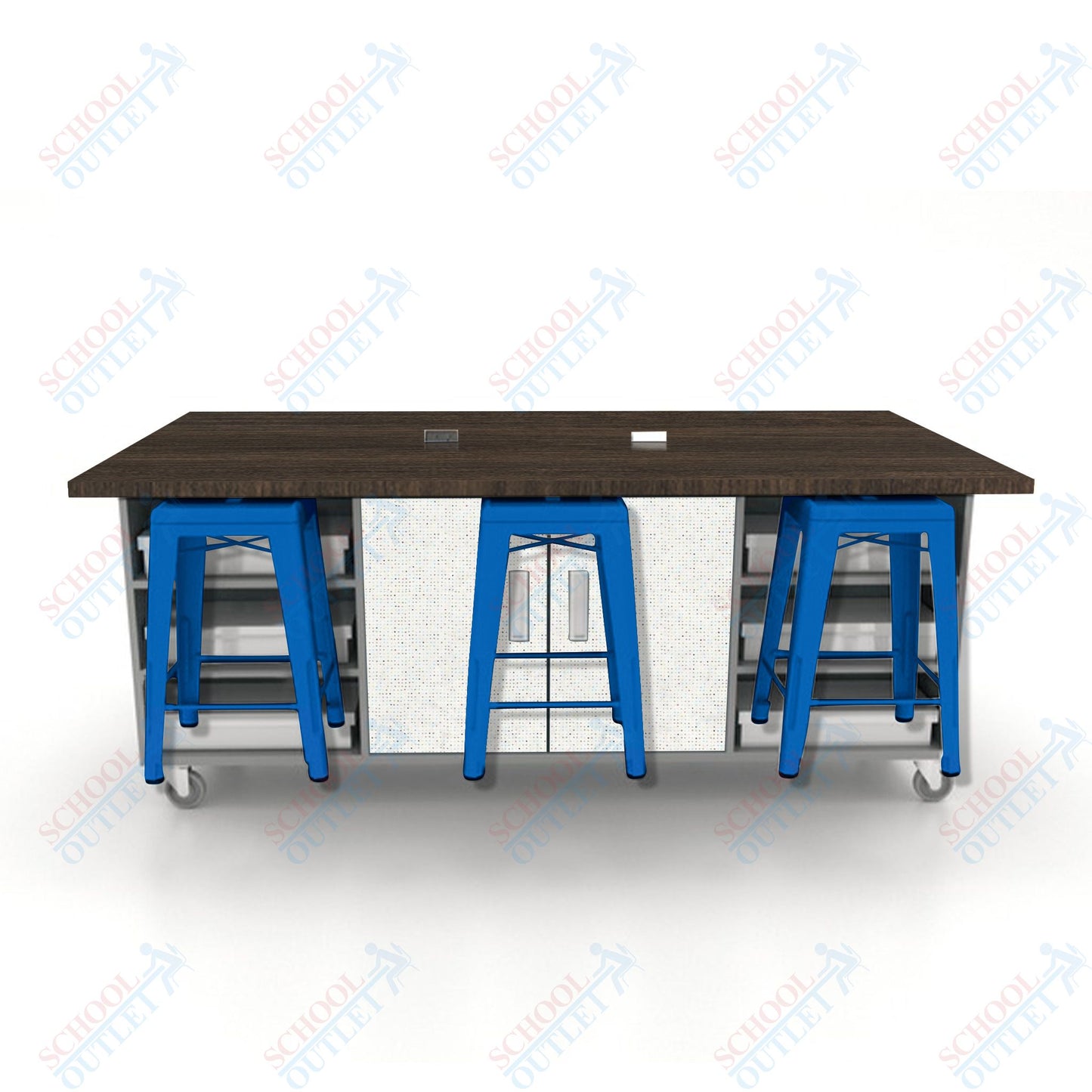 CEF ED Double Table 36"H High Pressure Laminate Top, Laminate Base with  6 Stools, Storage bins, and Electrical Outlets Included.