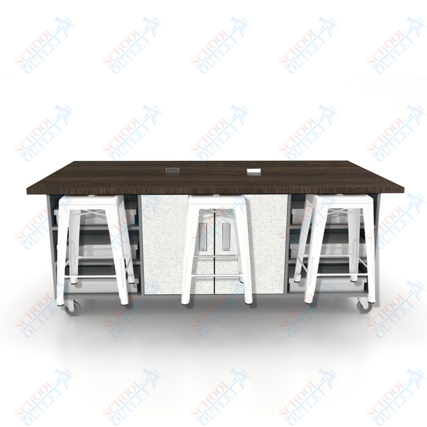 CEF ED Double Table 36"H High Pressure Laminate Top, Laminate Base with  6 Stools, Storage bins, and Electrical Outlets Included.