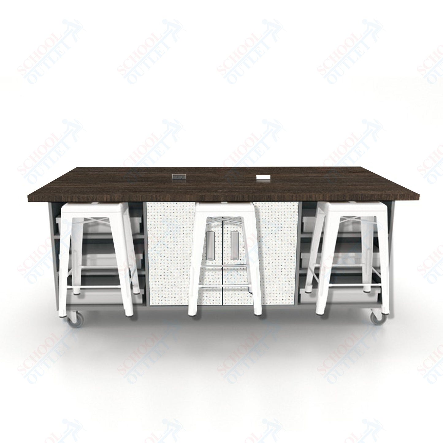 CEF ED Double Table 36"H High Pressure Laminate Top, Laminate Base with  6 Stools, Storage bins, and Electrical Outlets Included.