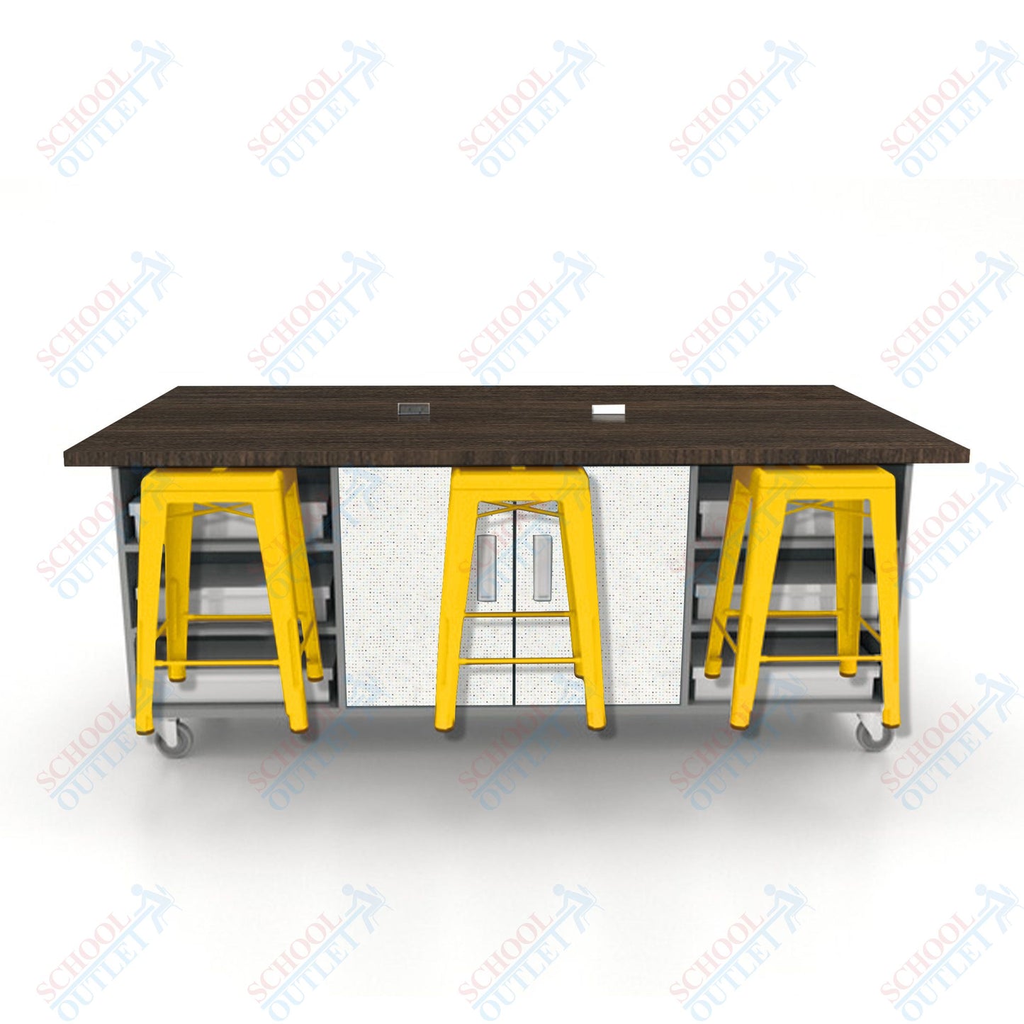 CEF ED Double Table 36"H High Pressure Laminate Top, Laminate Base with  6 Stools, Storage bins, and Electrical Outlets Included.