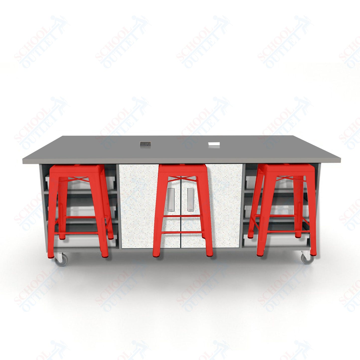 CEF ED Double Table 36"H High Pressure Laminate Top, Laminate Base with  6 Stools, Storage bins, and Electrical Outlets Included.