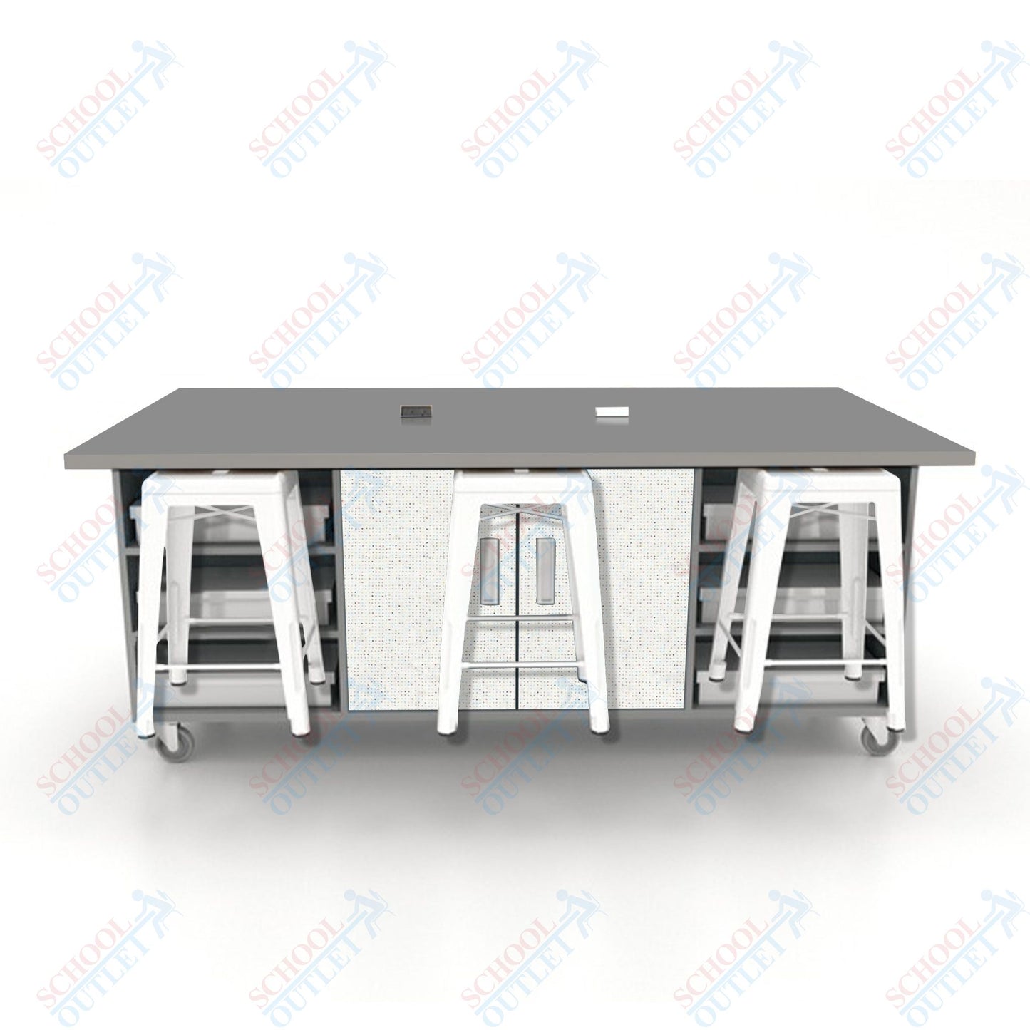 CEF ED Double Table 36"H High Pressure Laminate Top, Laminate Base with  6 Stools, Storage bins, and Electrical Outlets Included.