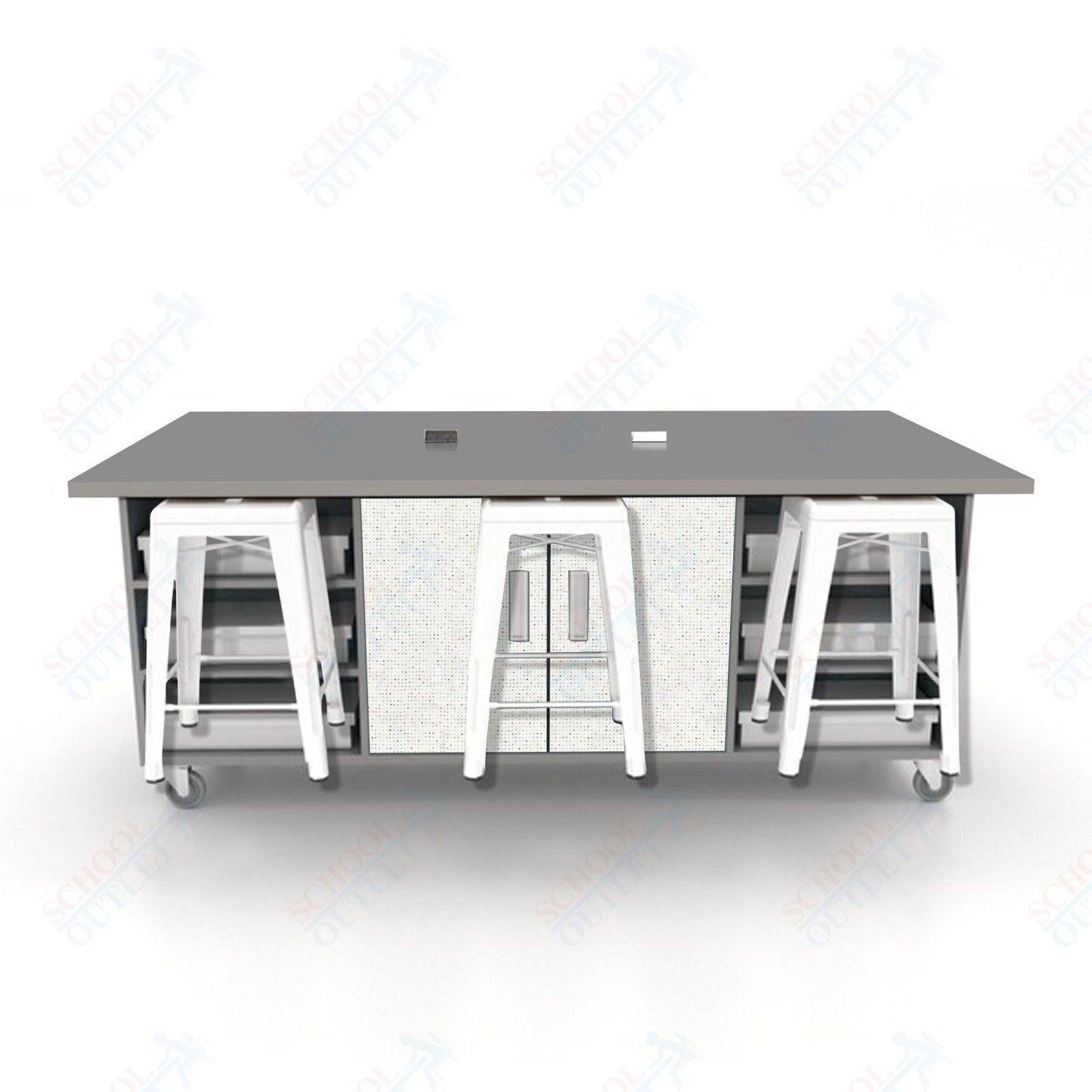 CEF ED Double Table 36"H High Pressure Laminate Top, Laminate Base with  6 Stools, Storage bins, and Electrical Outlets Included.