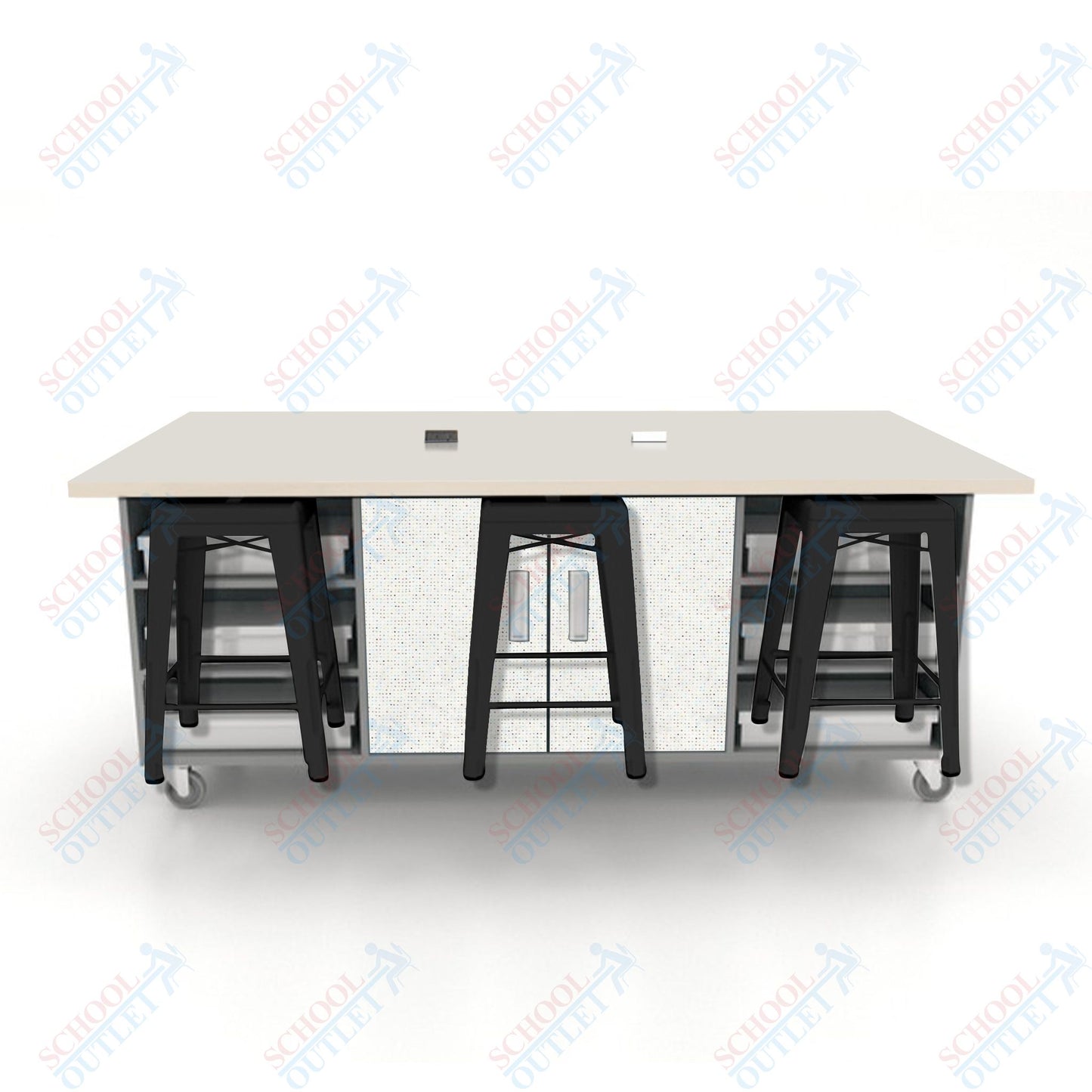 CEF ED Double Table 36"H High Pressure Laminate Top, Laminate Base with  6 Stools, Storage bins, and Electrical Outlets Included.