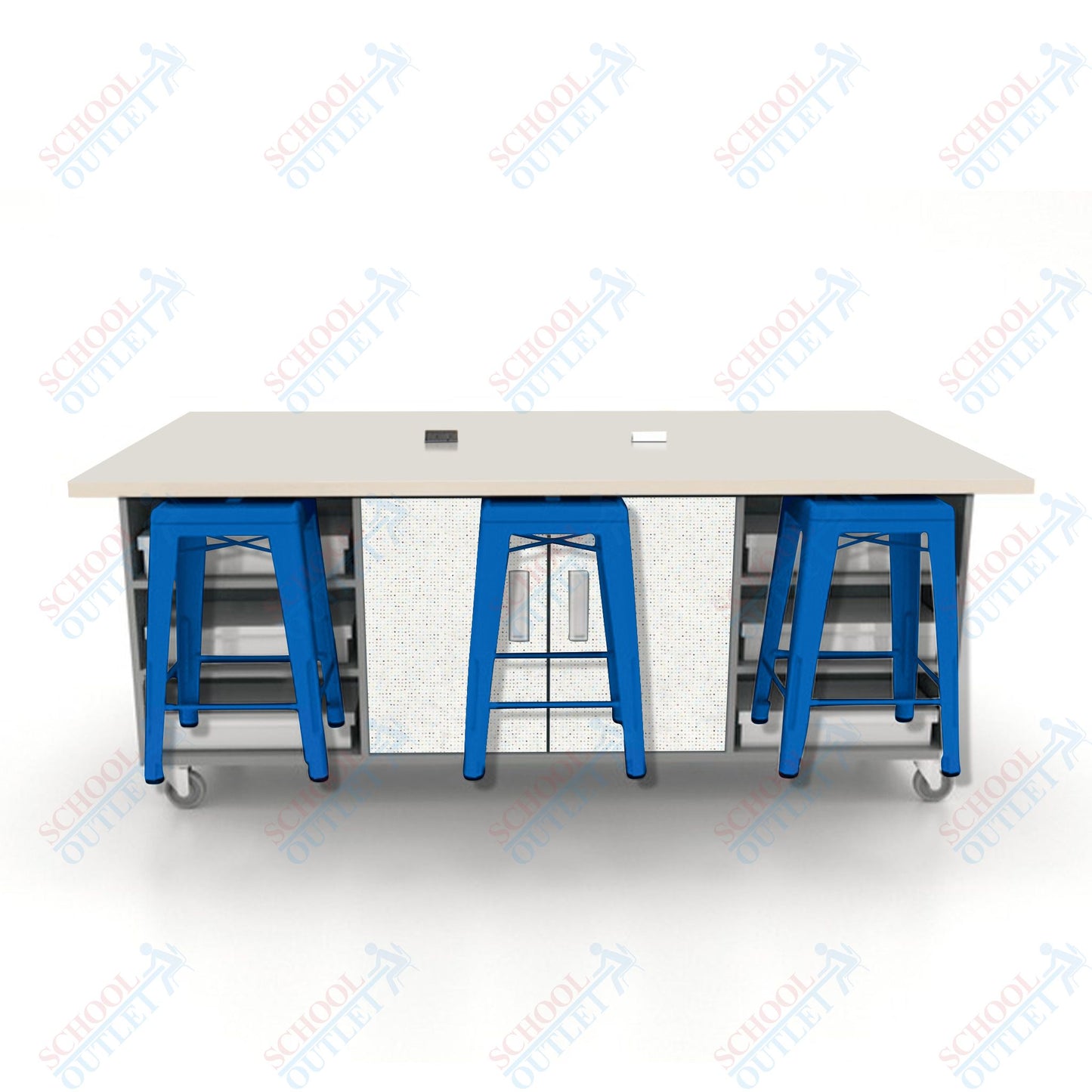 CEF ED Double Table 36"H High Pressure Laminate Top, Laminate Base with  6 Stools, Storage bins, and Electrical Outlets Included.
