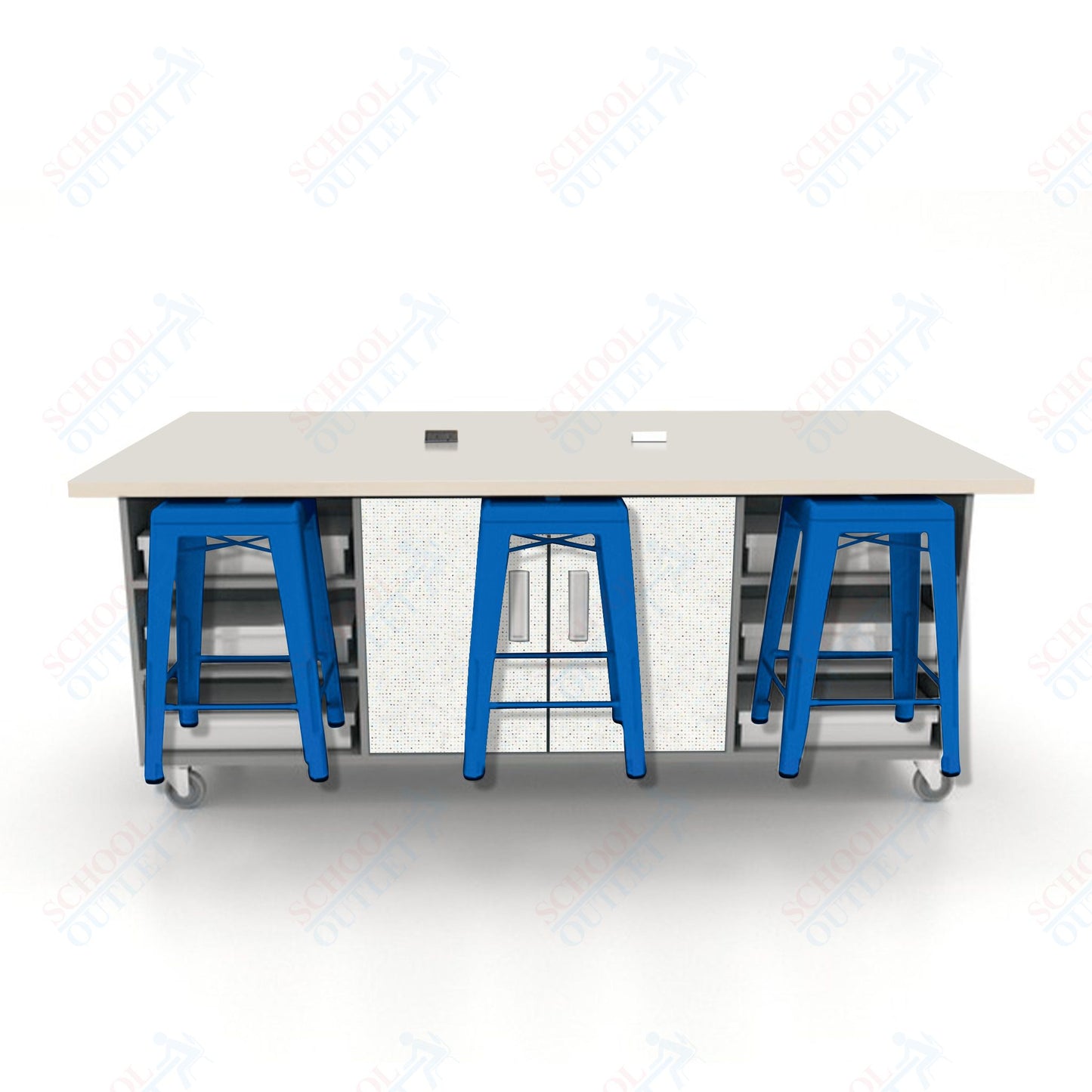 CEF ED Double Table 36"H High Pressure Laminate Top, Laminate Base with  6 Stools, Storage bins, and Electrical Outlets Included.