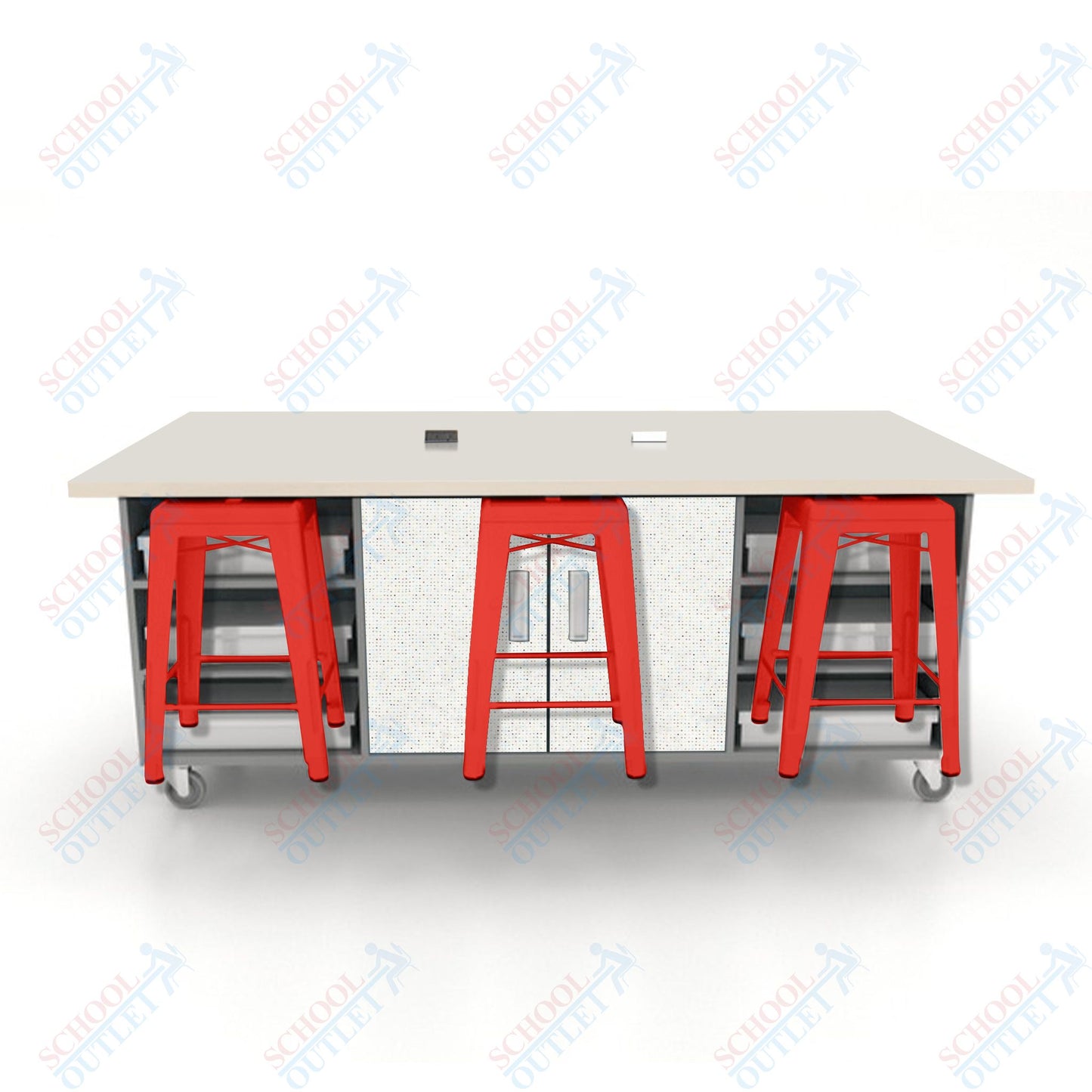 CEF ED Double Table 36"H High Pressure Laminate Top, Laminate Base with  6 Stools, Storage bins, and Electrical Outlets Included.