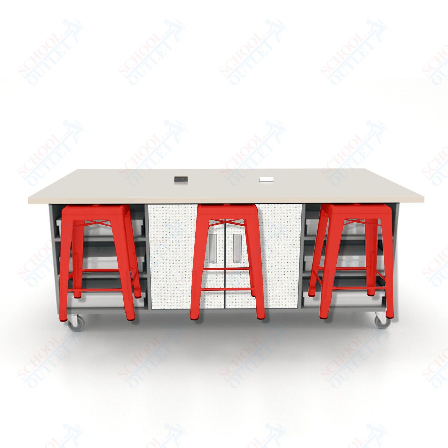 CEF ED Double Table 36"H High Pressure Laminate Top, Laminate Base with  6 Stools, Storage bins, and Electrical Outlets Included.
