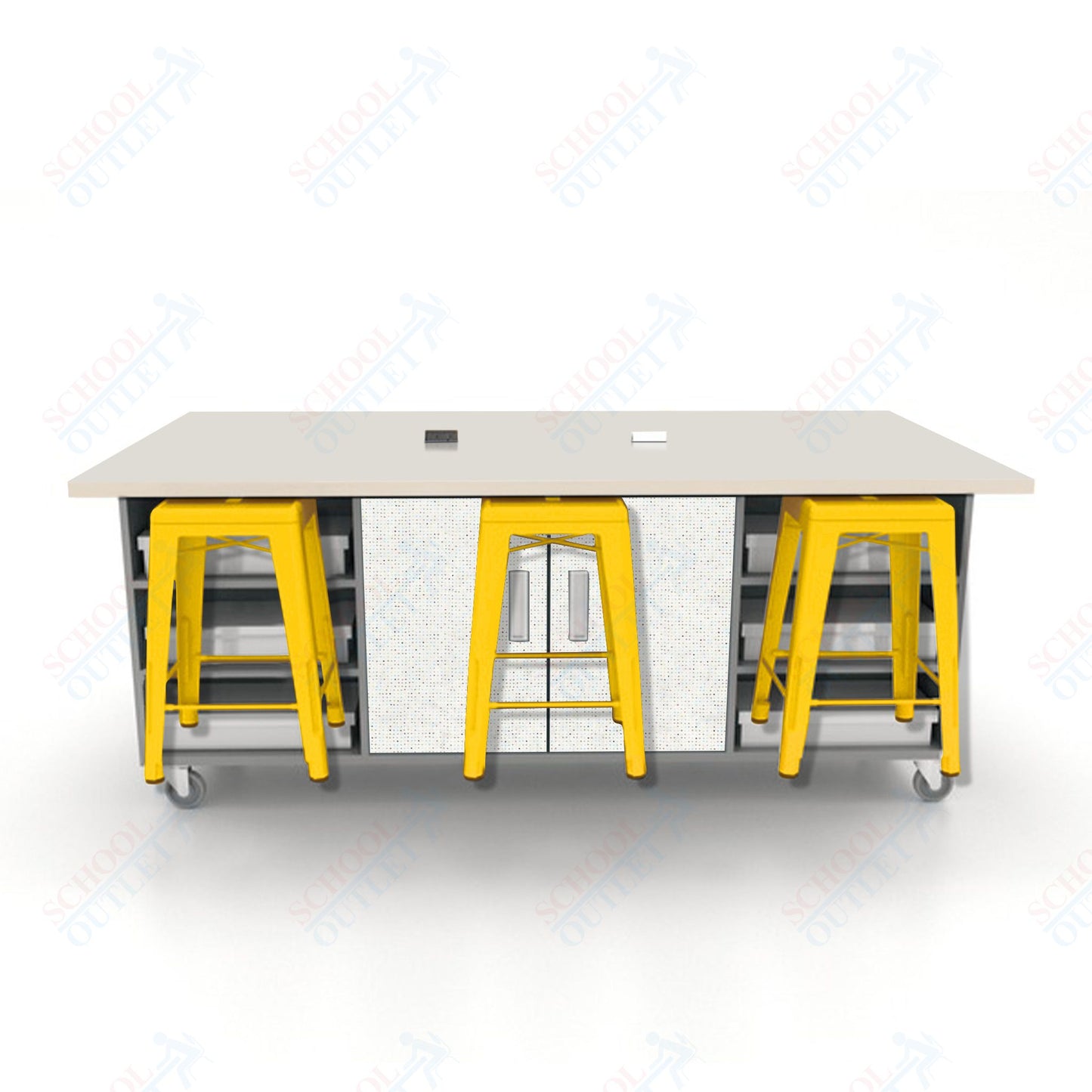 CEF ED Double Table 36"H High Pressure Laminate Top, Laminate Base with  6 Stools, Storage bins, and Electrical Outlets Included.