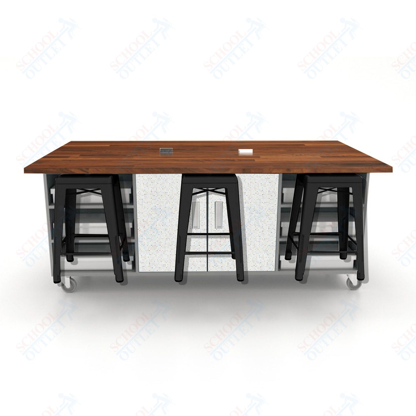 CEF ED Double Table 36"H Butcher Block Top, Laminate Base with  6 Stools, Storage bins, and Electrical Outlets Included.