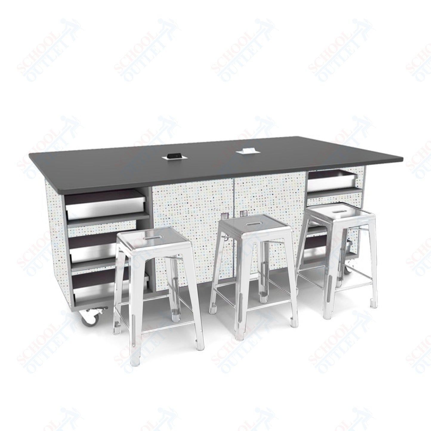 CEF ED Double Table 36"H Tough Top, Laminate Base with  6 Stools, Storage bins, and Electrical Outlets Included.