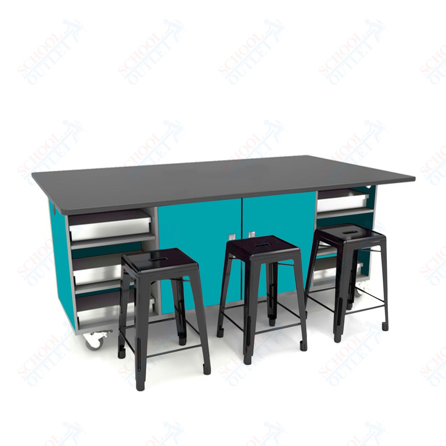 CEF ED Double Table 36"H Chemical Resistant Top, Laminate Base with  6 Stools, Storage bins, and Electrical Outlets Included.