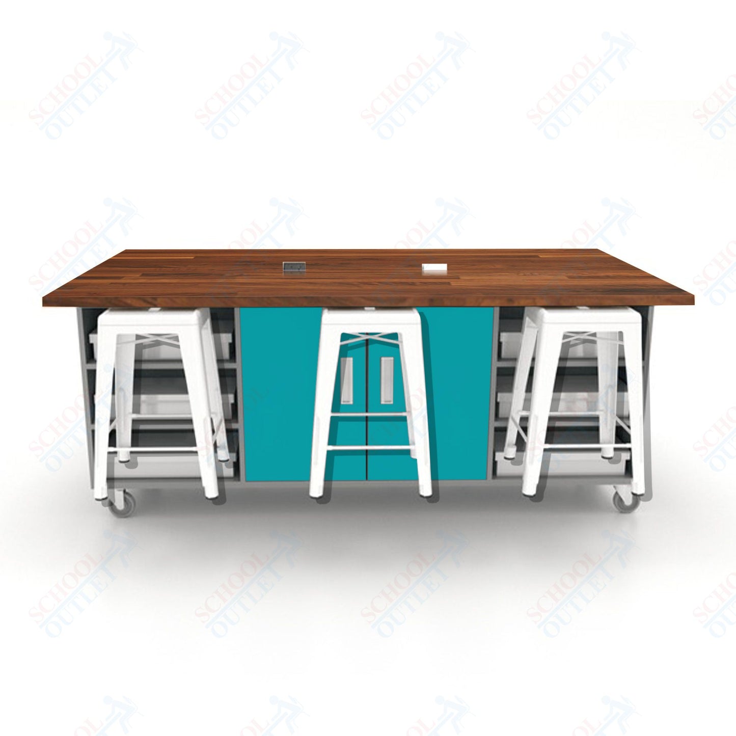 CEF ED Double Table 36"H Butcher Block Top, Laminate Base with  6 Stools, Storage bins, and Electrical Outlets Included.