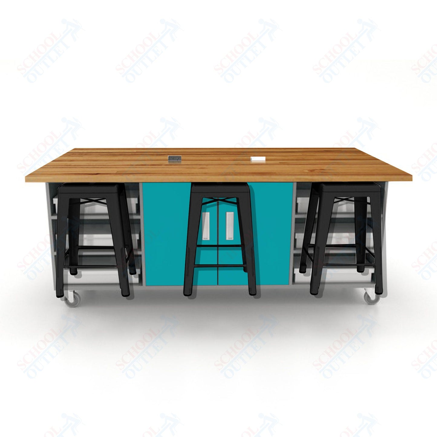 CEF ED Double Table 36"H Butcher Block Top, Laminate Base with  6 Stools, Storage bins, and Electrical Outlets Included.