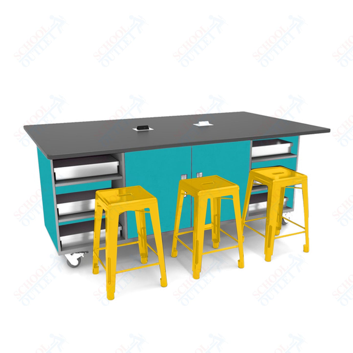 CEF ED Double Table 36"H Tough Top, Laminate Base with  6 Stools, Storage bins, and Electrical Outlets Included.